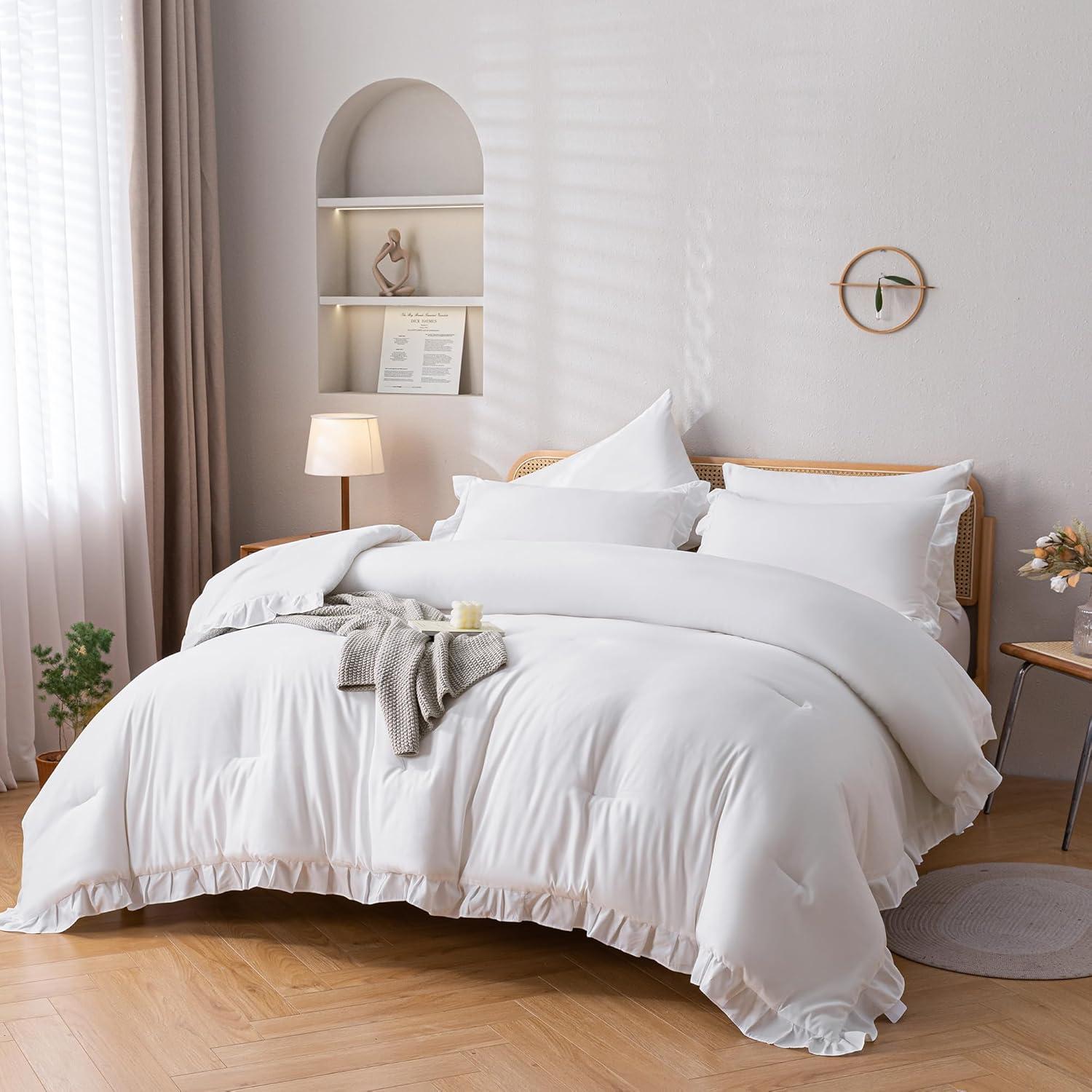 White Microfiber Queen Ruffle Comforter Set with Pillowcases