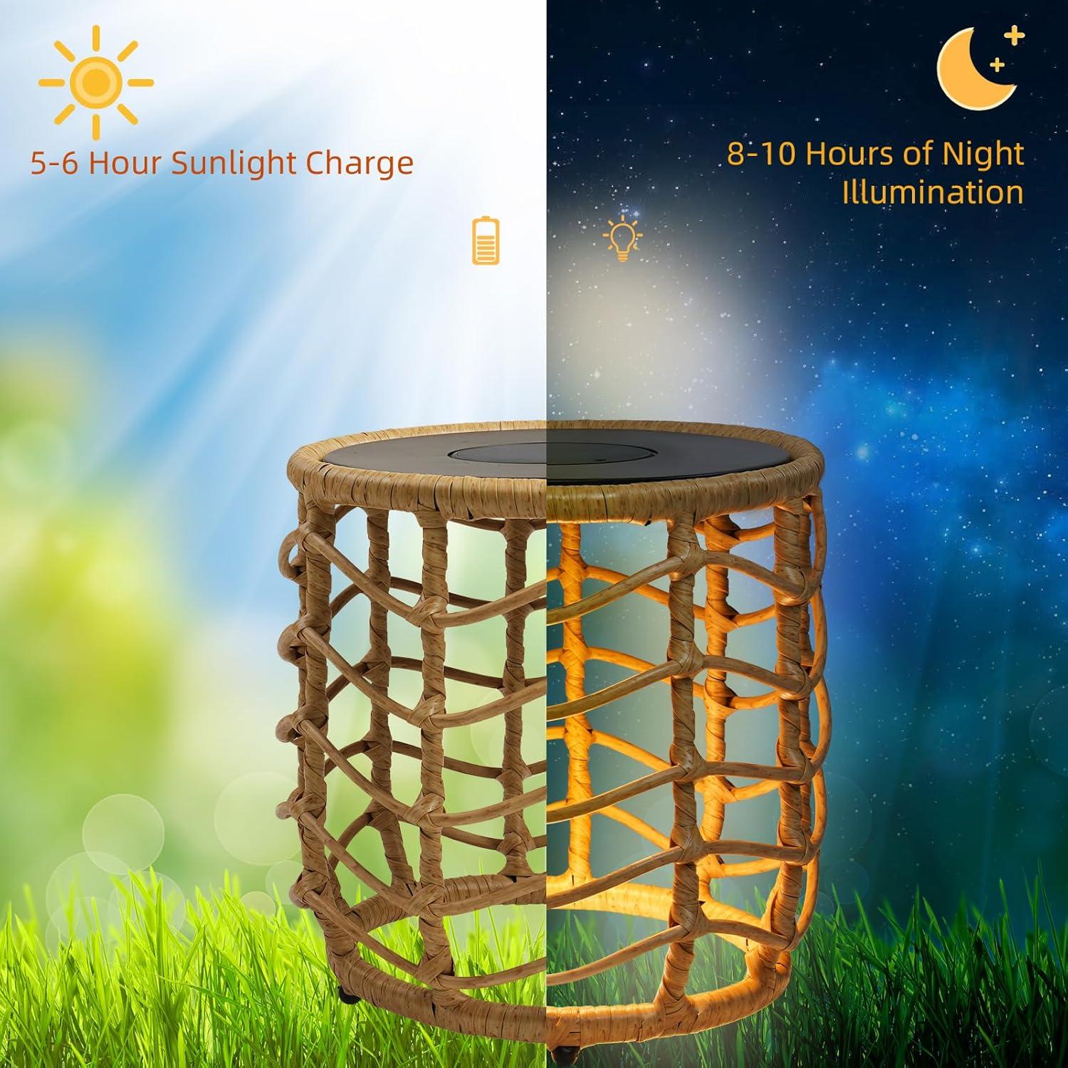 Solar Yard Boho Solar Nesting Tables with Built-in Lights - Set of 2, Weather-Resistant Wicker for Patio, Porch, Garden, Perfect Side Table for Outdoor Living, Natural & Stylish Design