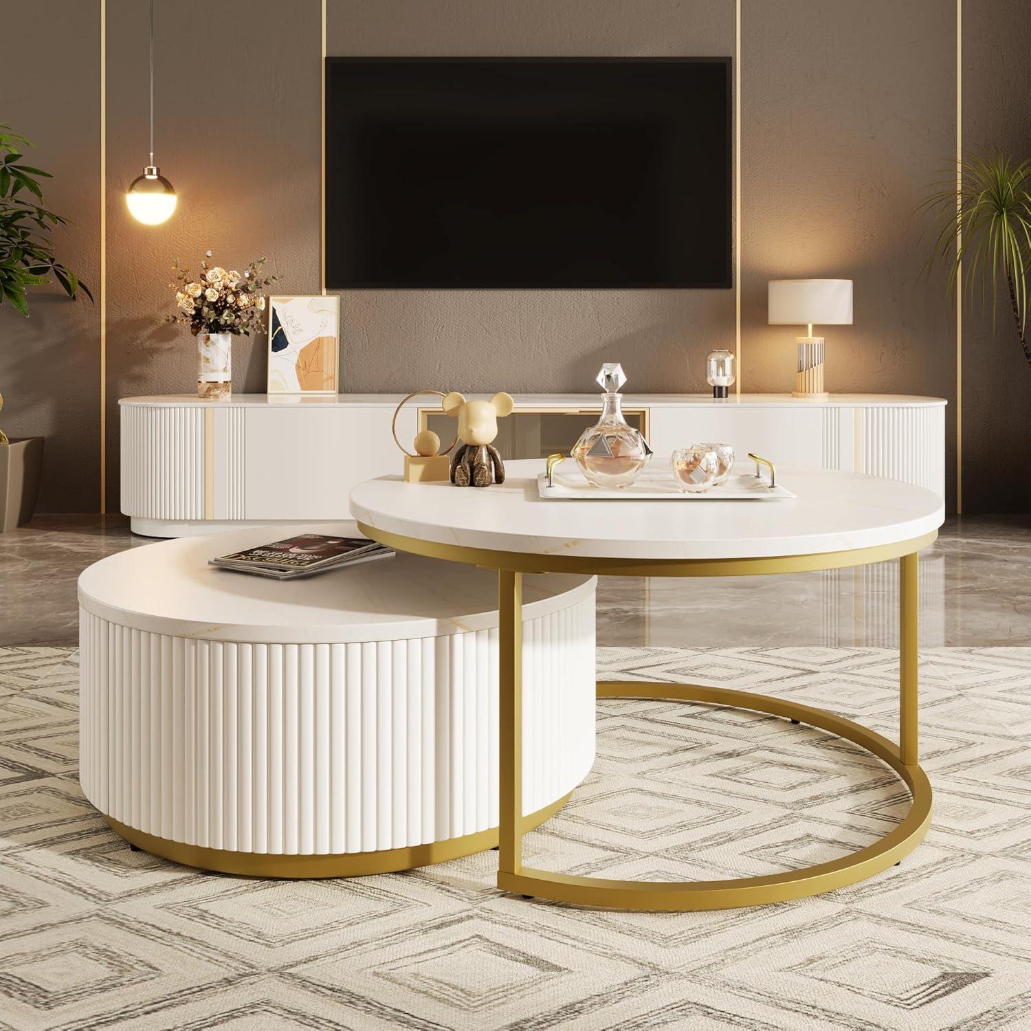 Modern Round Nesting Coffee Table Fluted with Drawer Multiple End Tables Utility Table Telephone Table for Living Room Office Bedroom Balcony, White & Gold