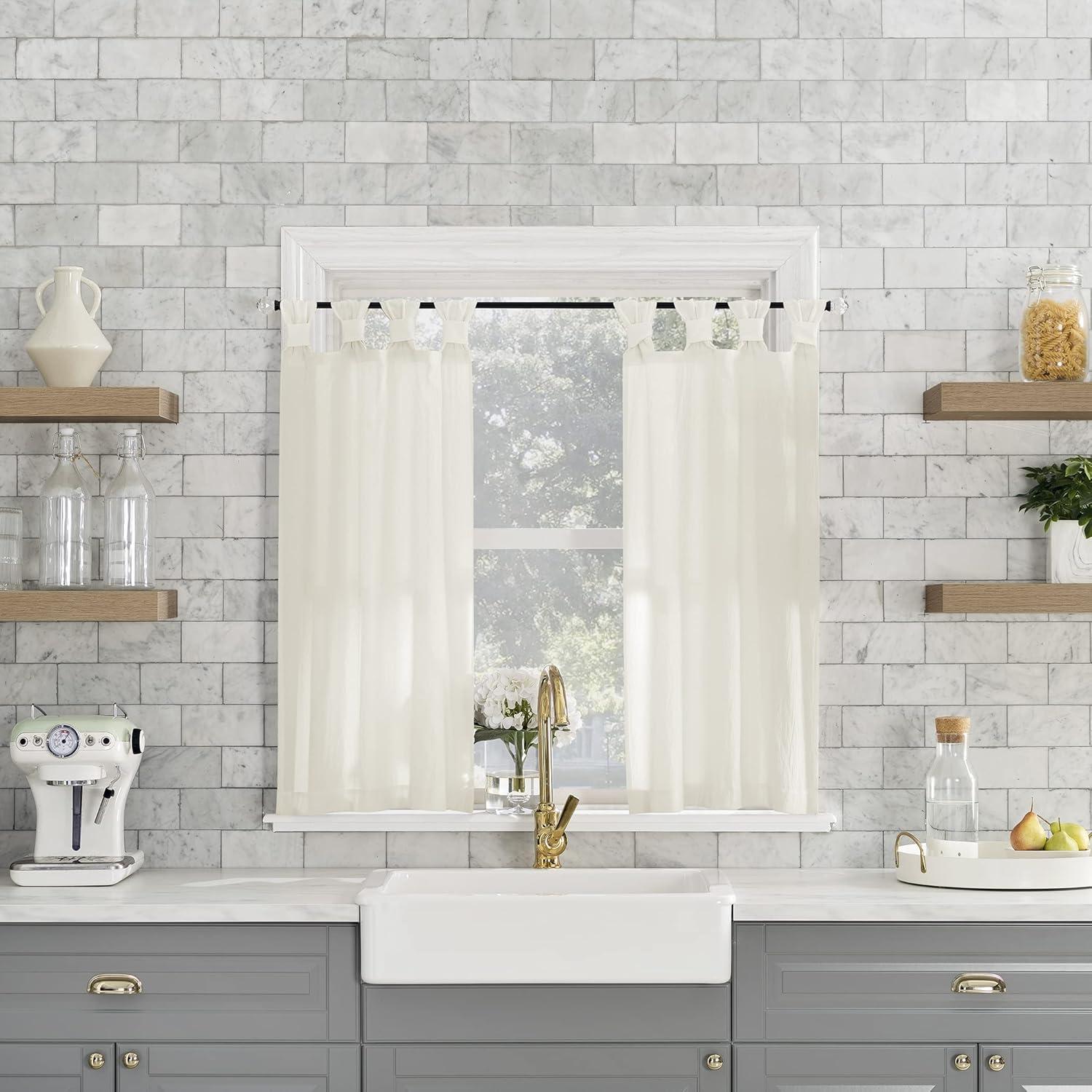 2pc 52"x36" Archaeo Washed Cotton Twist Tab Cafe Curtain Tier Pair Ivory: Kitchen Curtains, 36 Inch, Solid Off-White