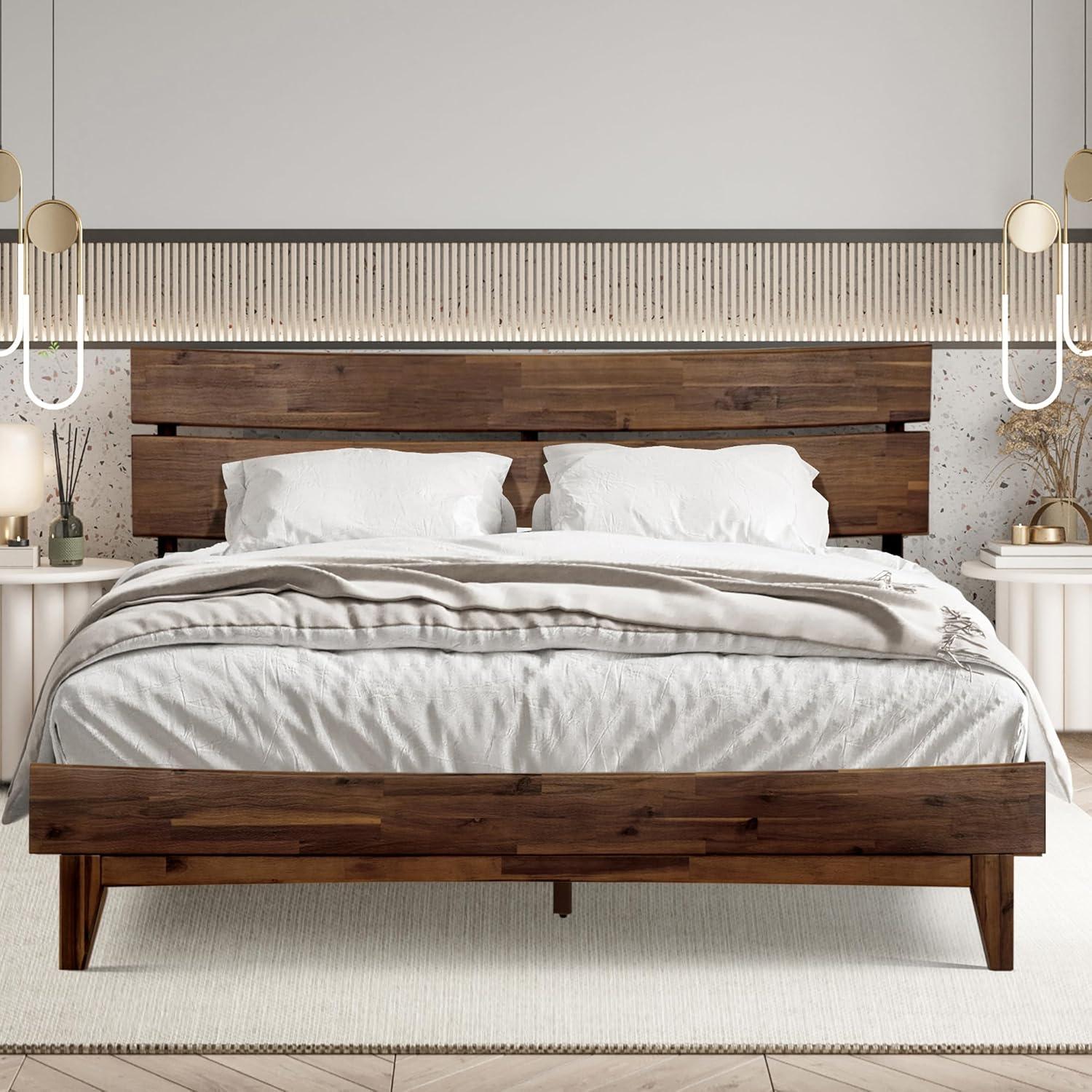 Acacia Aurora Premium Solid Wood Platform Bed Frame and High Headboard, King Bed Frame with Headboard Included, Mid Century Modern Bed with 5 years Warranty