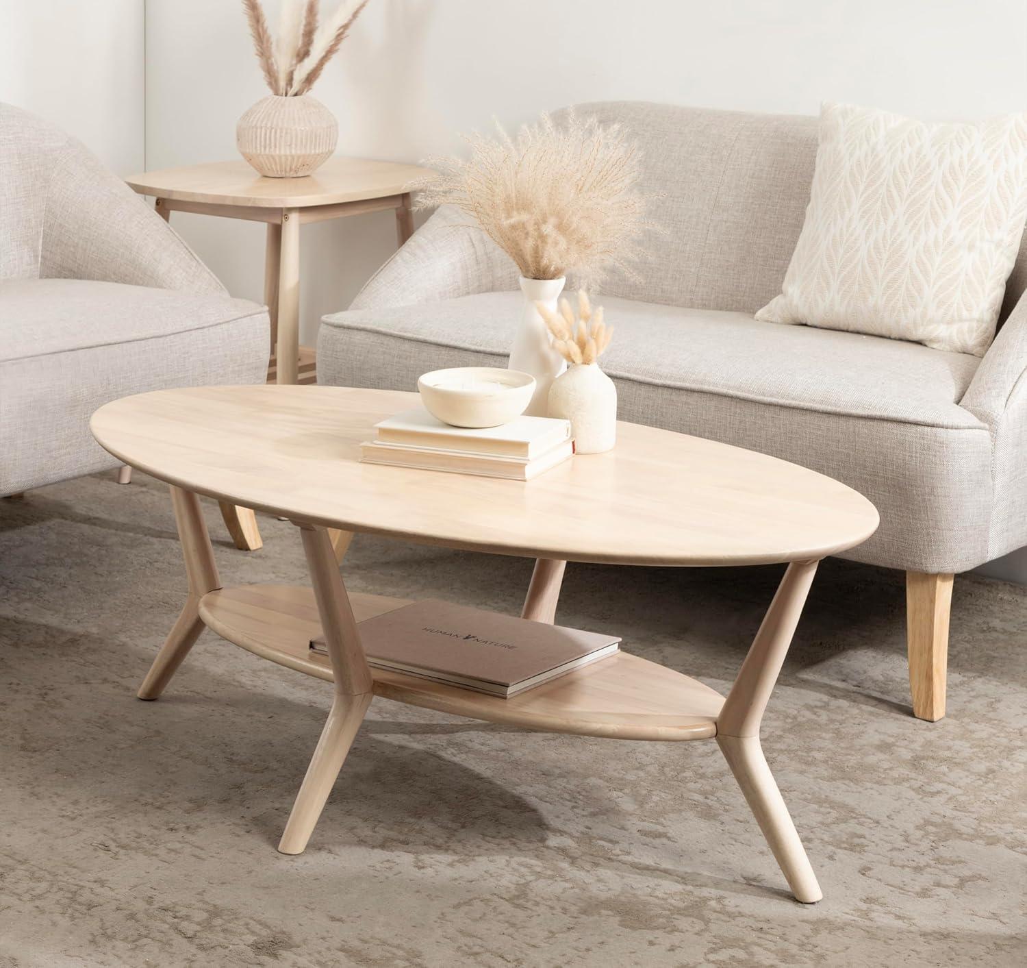 Natural Wood Oval Coffee Table with Storage and Sculptured Legs