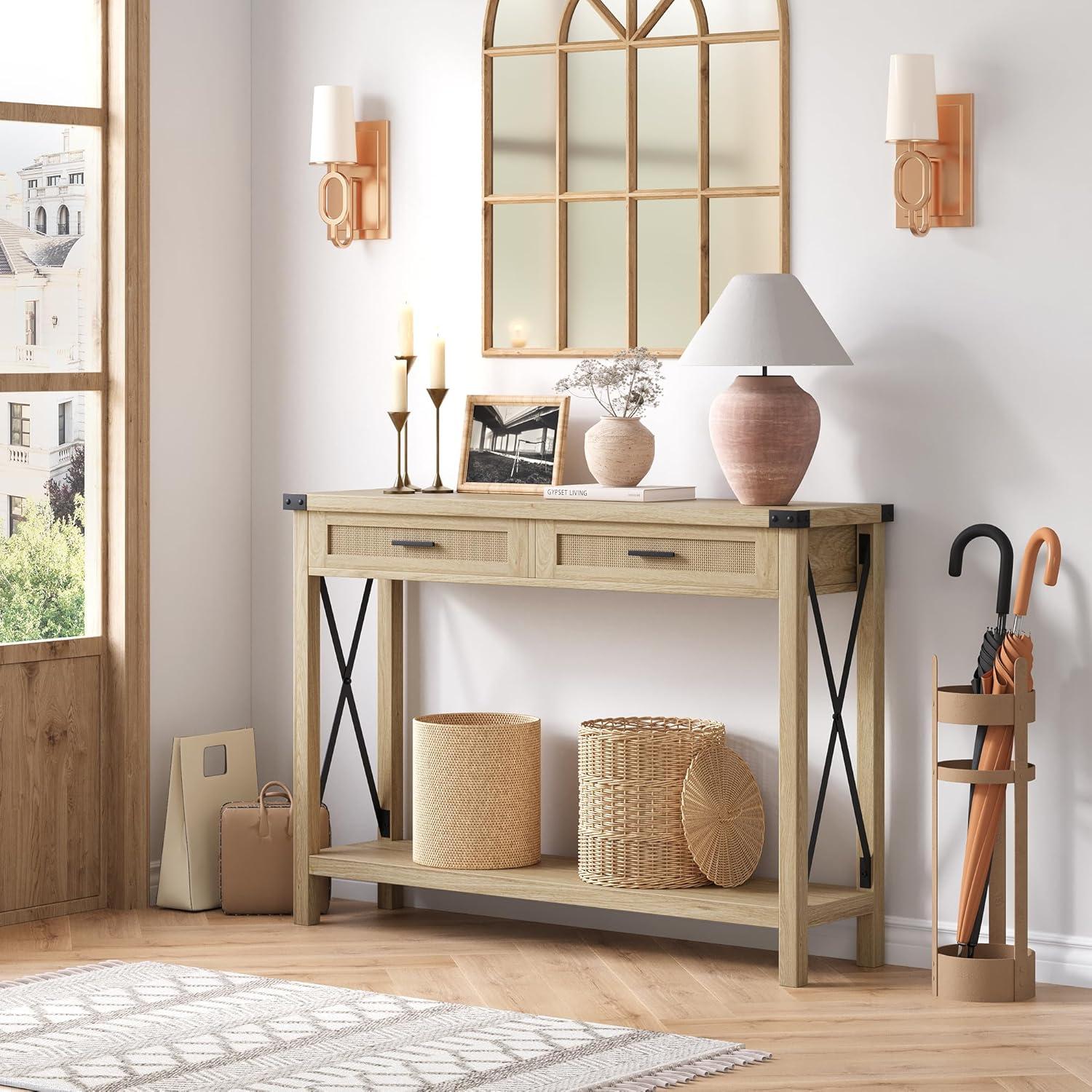 Rustic Light Brown Wood and Metal Console Table with Storage