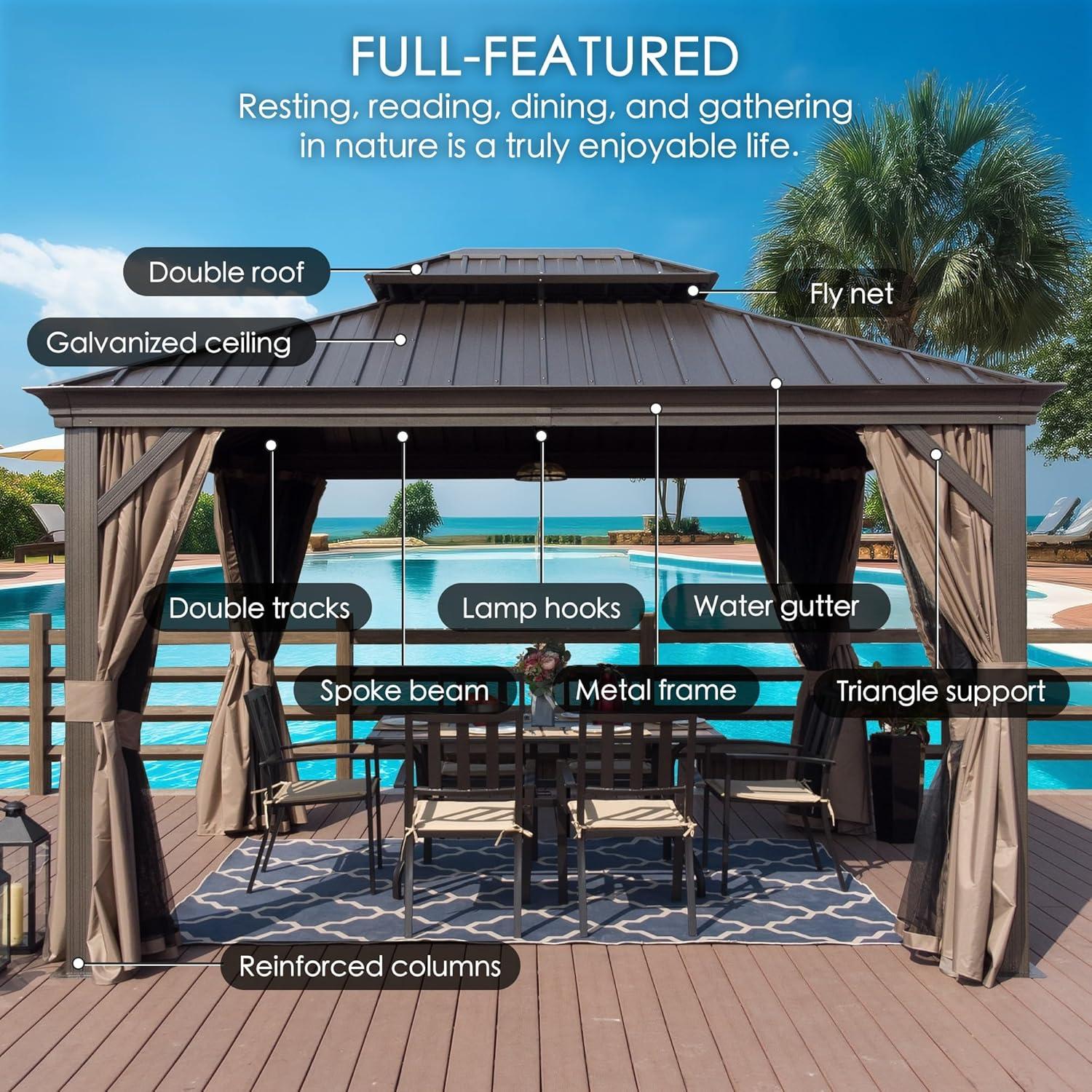 Kozyard Alexander 10?x12? Dark Brown Double Roof Hardtop Gazebo with Curtain and Mosquito Netting