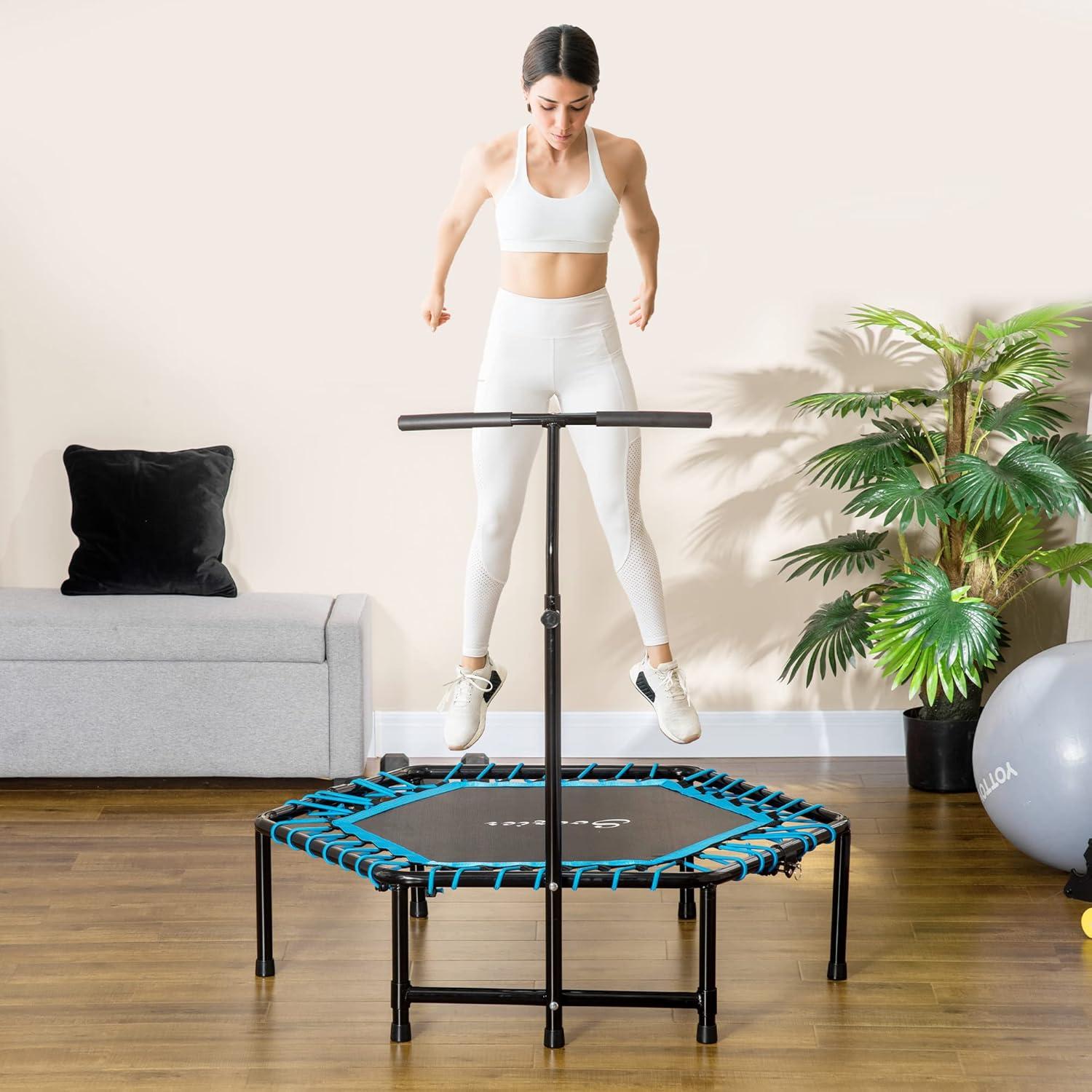 Kids' Blue Hexagon Fitness Trampoline with Adjustable Bar