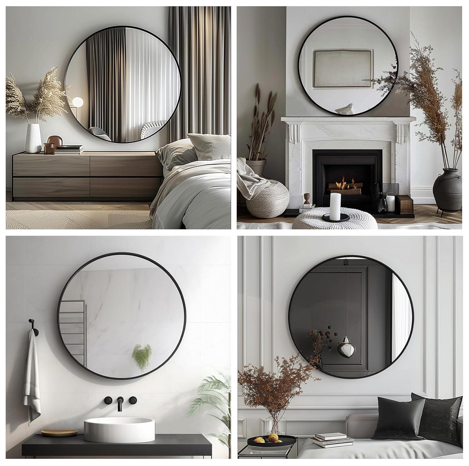 Black Round Mirror, Round Mirror 24 inch, Black Circle Mirrors Metal Frame, Wall Mounted Mirrors for Living Room, Bathroom, Wall, Entryway, Rustic.