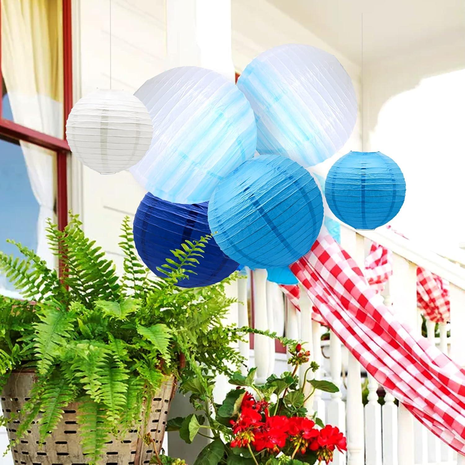 14 PCS Paper Lanterns, Gradient Colorful Blue Round Paper Lanterns Decorative Lantern Lamps, Hanging Paper Lanterns Chinese Tissue Paper Lanterns Indoor Room & Outdoor Party Supplies Decoration