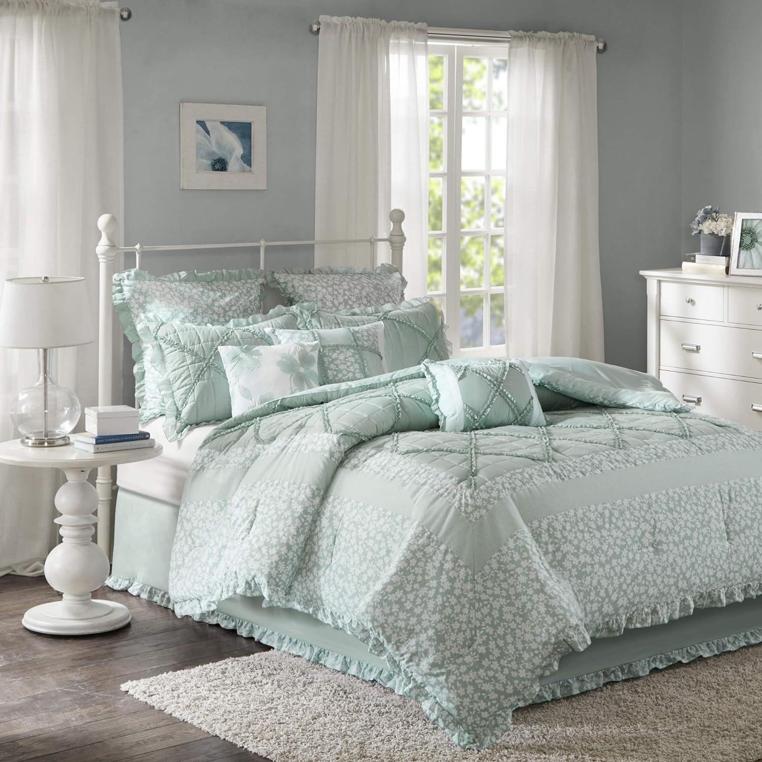 Seafoam Green Cotton Queen Comforter Set with Decorative Pillows