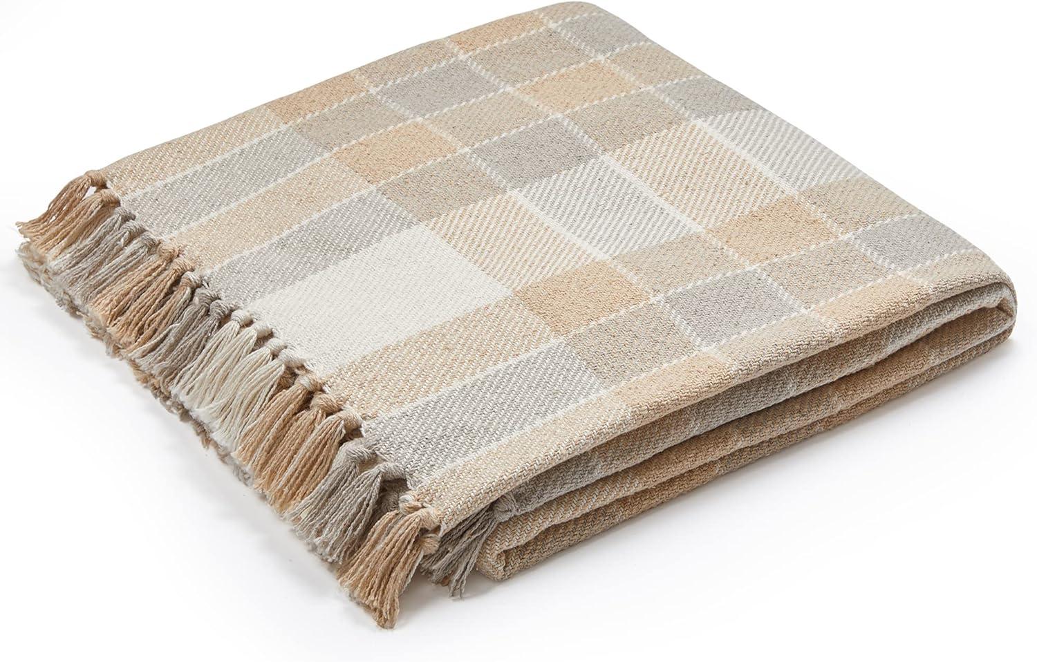 Camel Beige Plaid Cotton Reversible Throw Blanket