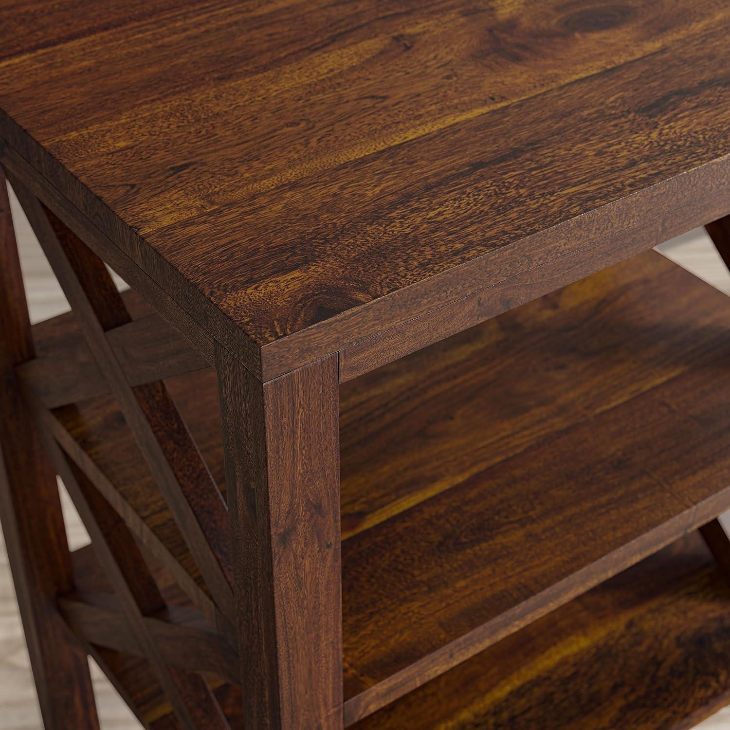 Jofran, Global Archive Solid Wood Rustic Modern X-Side Accent Table with Two Shelves, Red