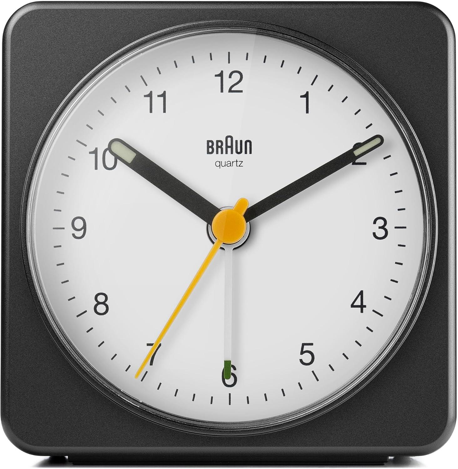 Braun Classic Analogue Alarm Clock with Snooze and Light, Quiet Quartz Sweeping Movement, Crescendo Beep Alarm in Black and White, Model BC03BW.