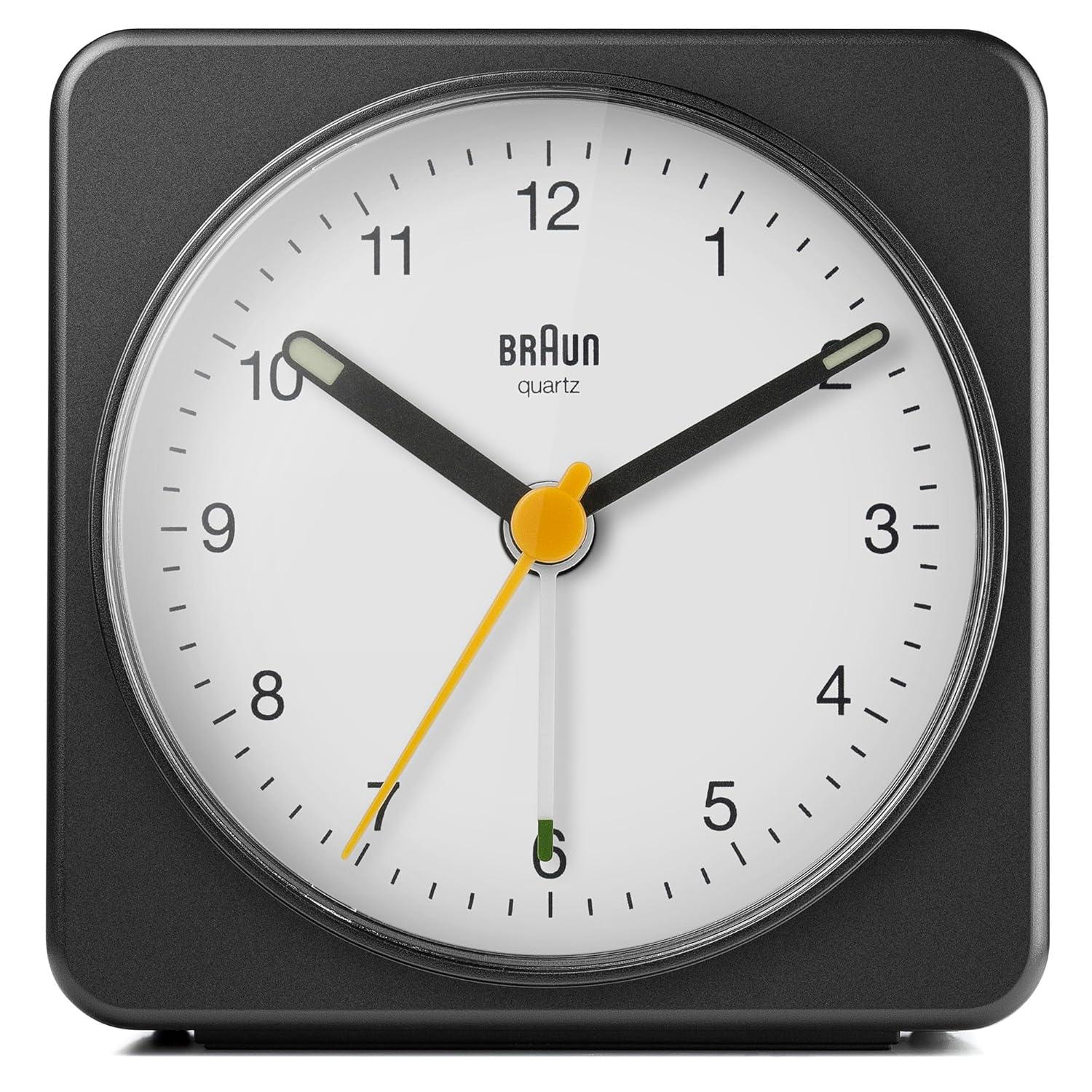 Braun Classic Analogue Alarm Clock with Snooze and Light, Quiet Quartz Sweeping Movement, Crescendo Beep Alarm in Black and White, Model BC03BW.
