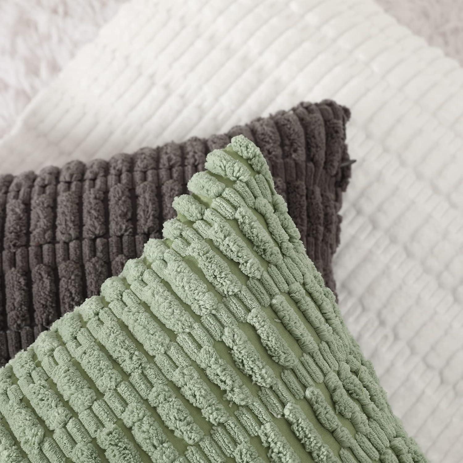 Boho Sage Green Striped Corduroy Pillow Covers - Set of 2 | Farmhouse Rectangle Cushion Cases for Sofa Couch Bed | Soft Decorative Throw Pillowcases - 12x20 Inch Home Decor