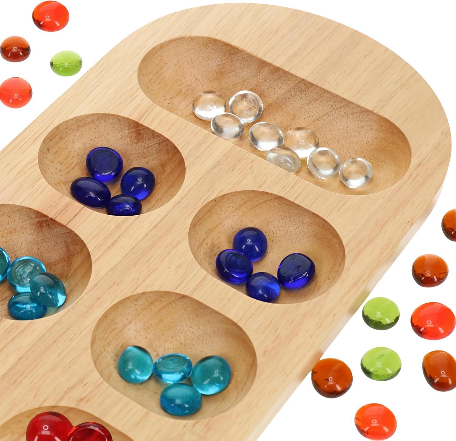 WE Games Mancala Board Game - 22 in., Solid Natural Wood Board and Glass Stones