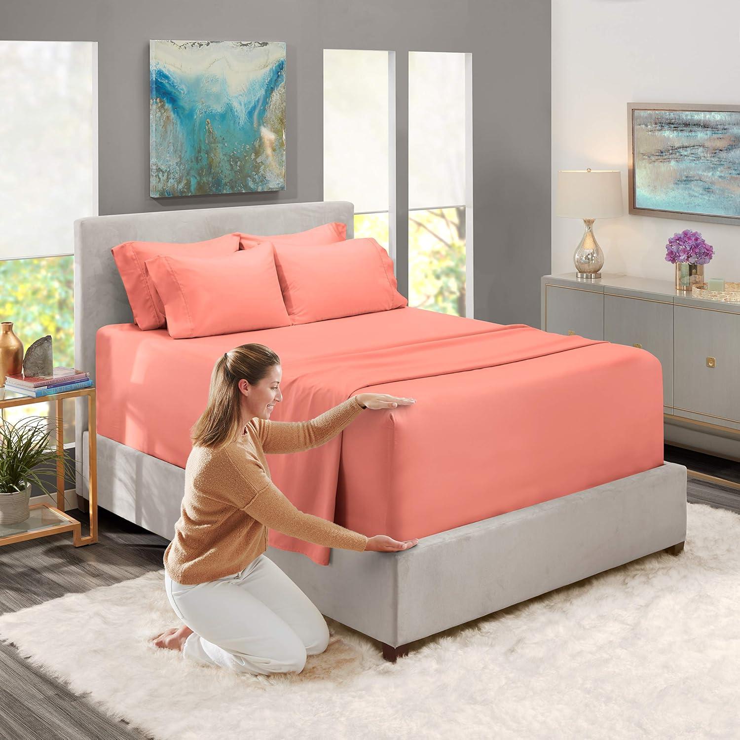 Extra Deep Pocket 6 Piece Bed Sheet Set – Super Deep Fitted Sheet Fits Mattress from 18-24 inces Depth – Double Brushed Microfiber Sheets with 4 Pillow Cases, Queen, Misty Rose