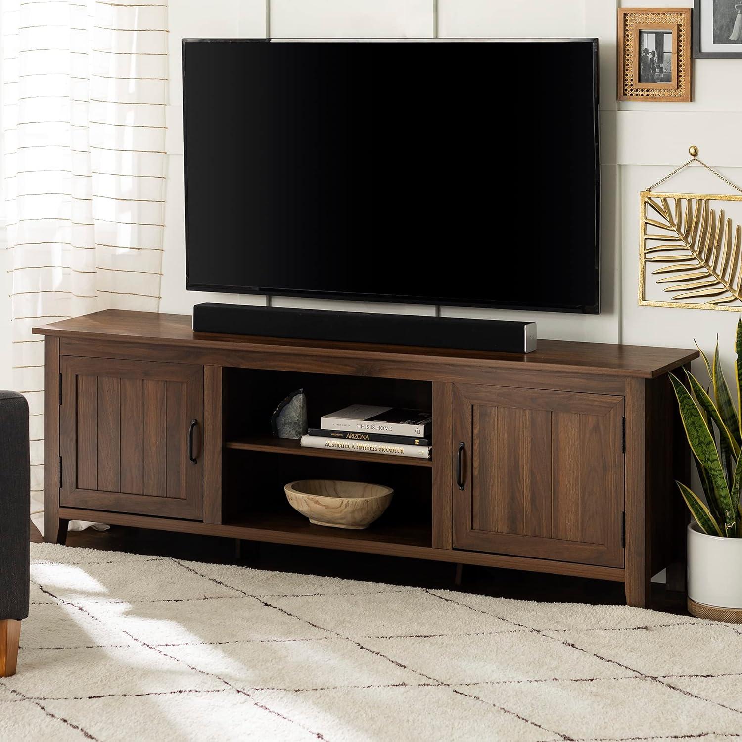 Walker Edison Farmhouse Grooved Door TV Stand for TVs up to 80", Dark Walnut