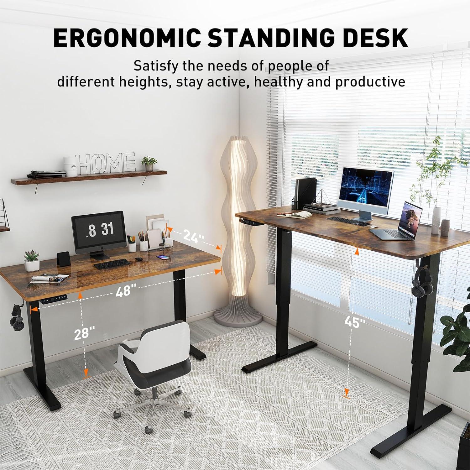 Electric Standing Desk Adjustable Height - Rolling Sit to Stand Desks on Wheels - Mobile Standup Computer Table 48 Inch Brown One Piece Desktop and Rising Frame with Storage for Home Office & Gaming