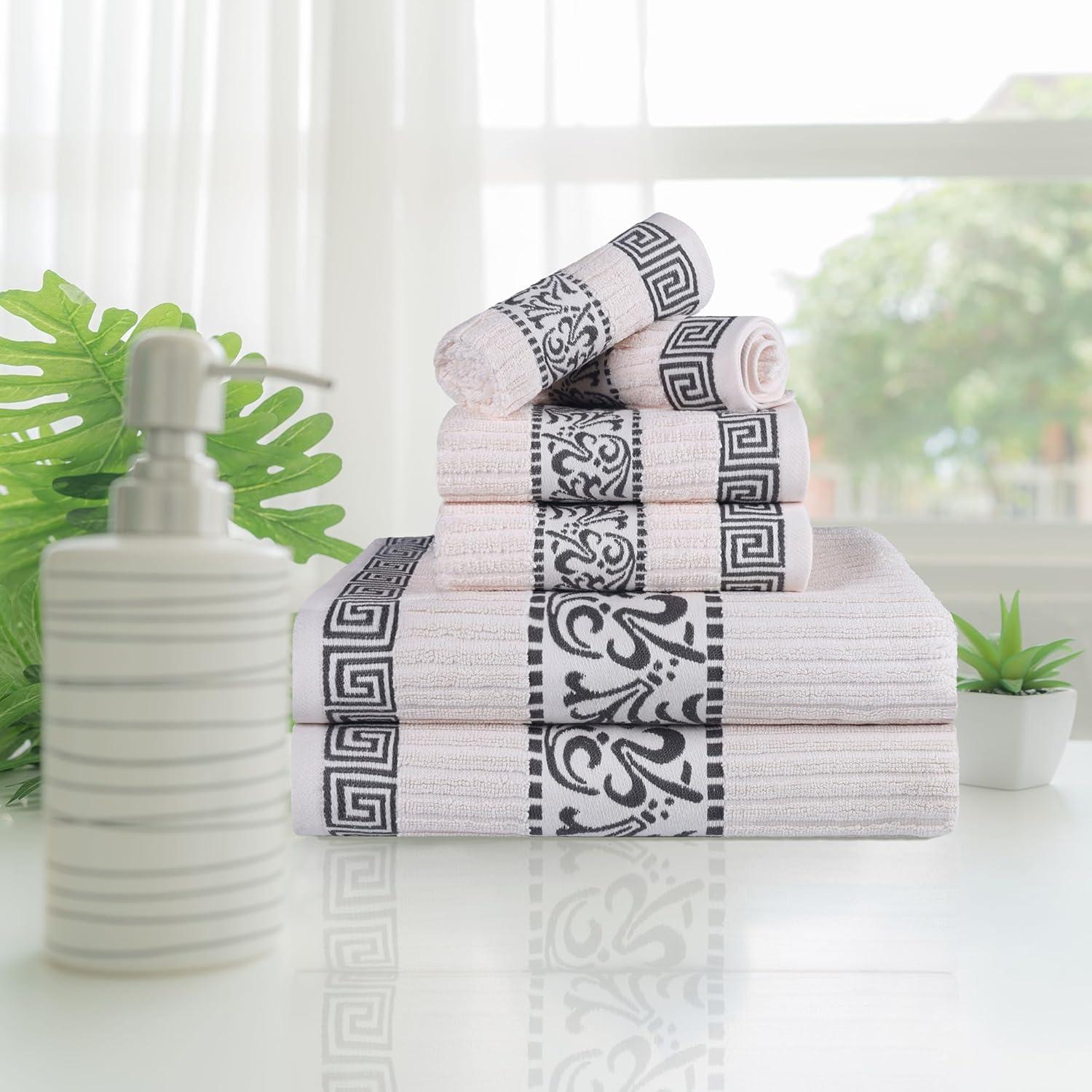 Superior Athens 6-Piece Cotton Greek Scroll Towel Set, Ivory-Gray