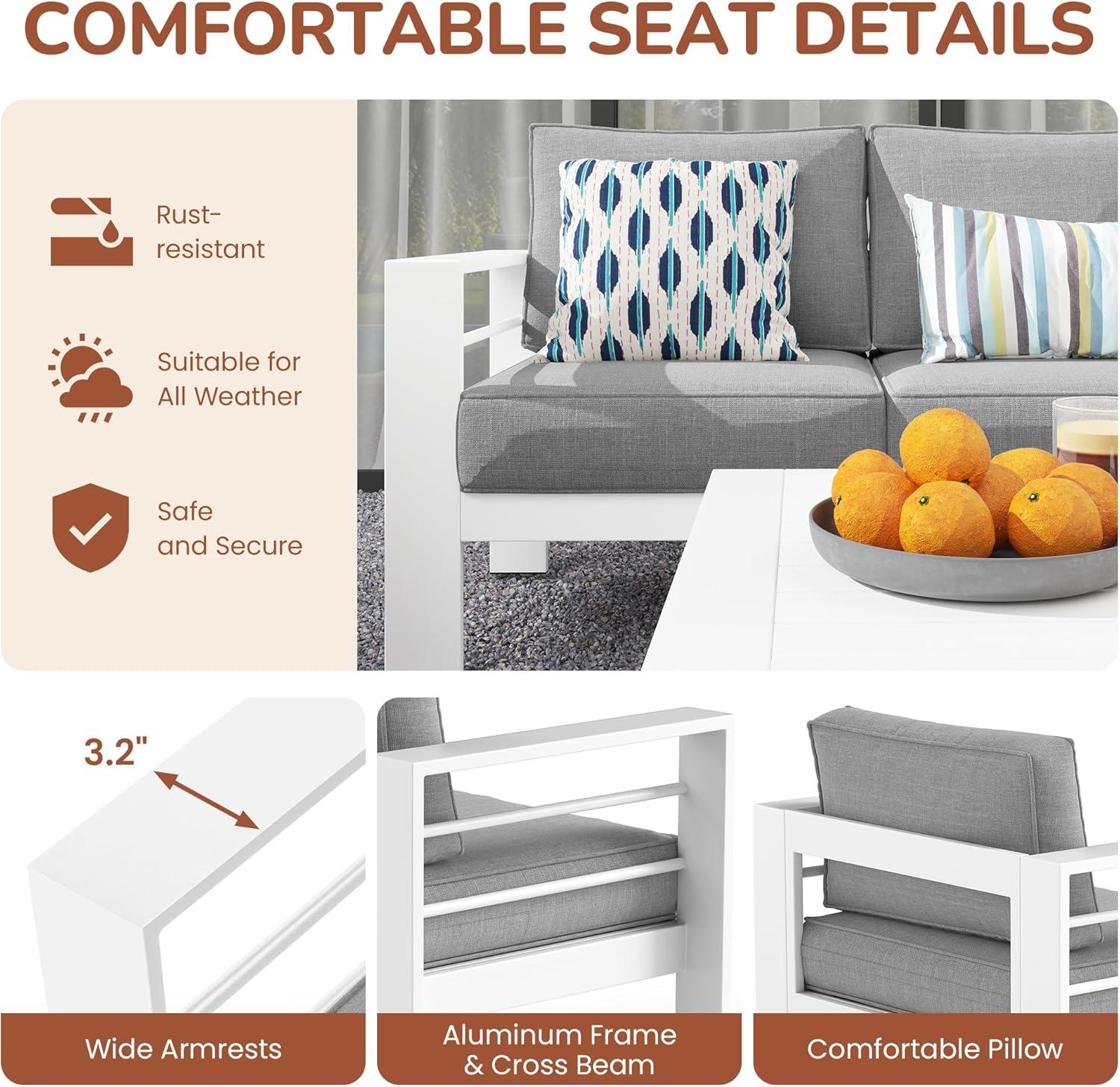 Heynemo Aluminum Patio Furniture Set with Fire Pit Table, 4 Piece Outdoor Furniture with Cushions for Balcony Backyard, White (Ship in 4 Boxes) Set of