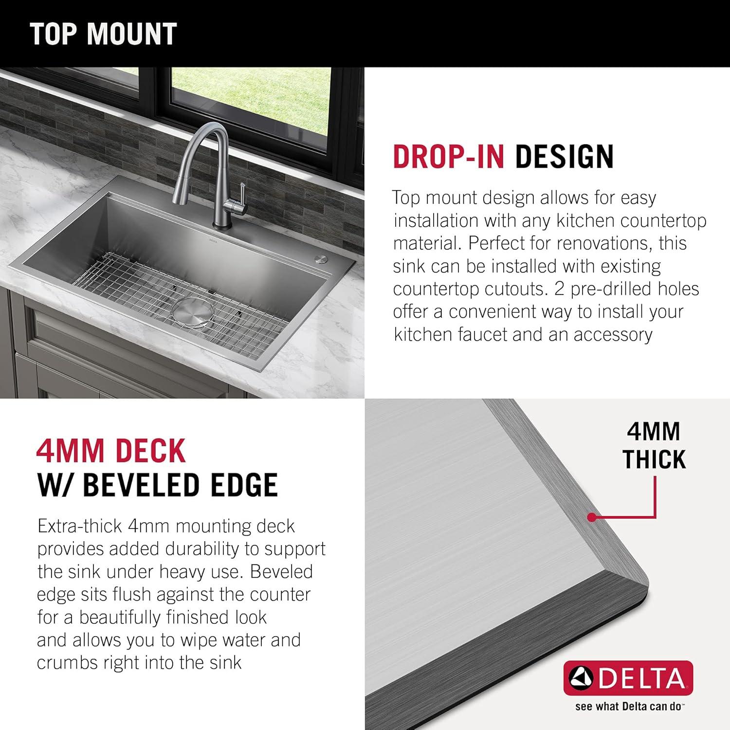 Delta Rivet™ 30" L Workstation Kitchen Sink Drop-In Top Mount 16 Gauge  Stainless Steel Single Bowl