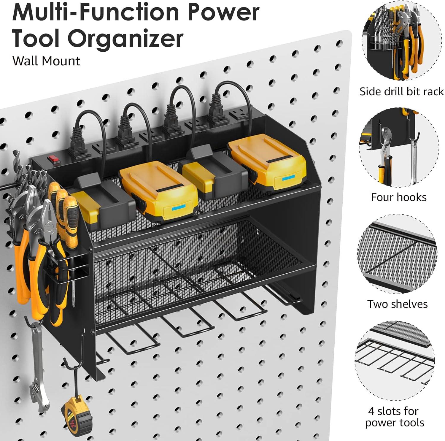 Black Steel Modular Power Tool Organizer with Charging Station