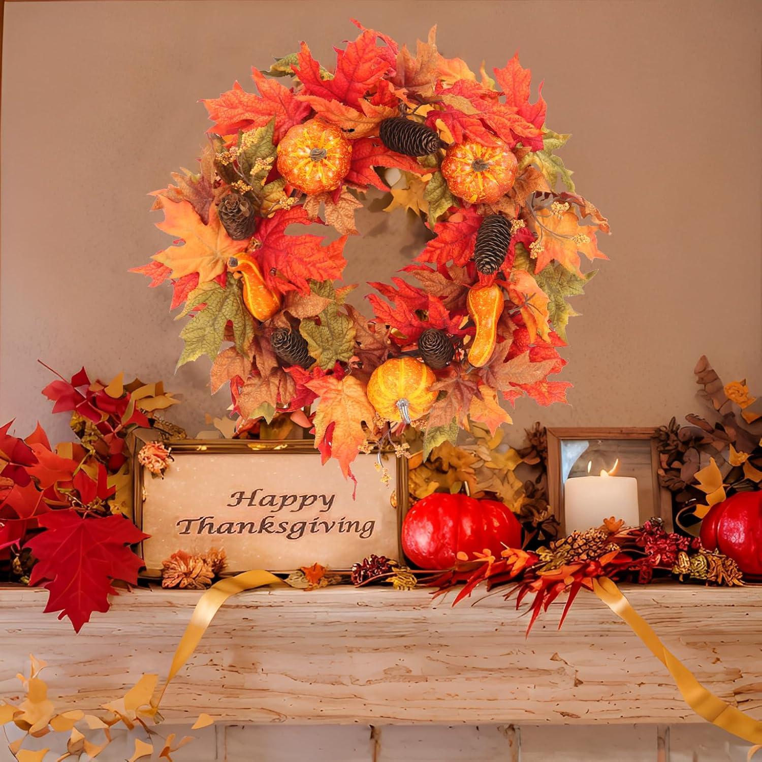 Fall Wreath 20’’ Autumn Front Door Wreath Harvest Wreath with Sunflower Pumpkins Berries Maple Leaves Daisies for Outside Indoor Home Wall Festival Thanksgiving Autumn Farmhouse Decor