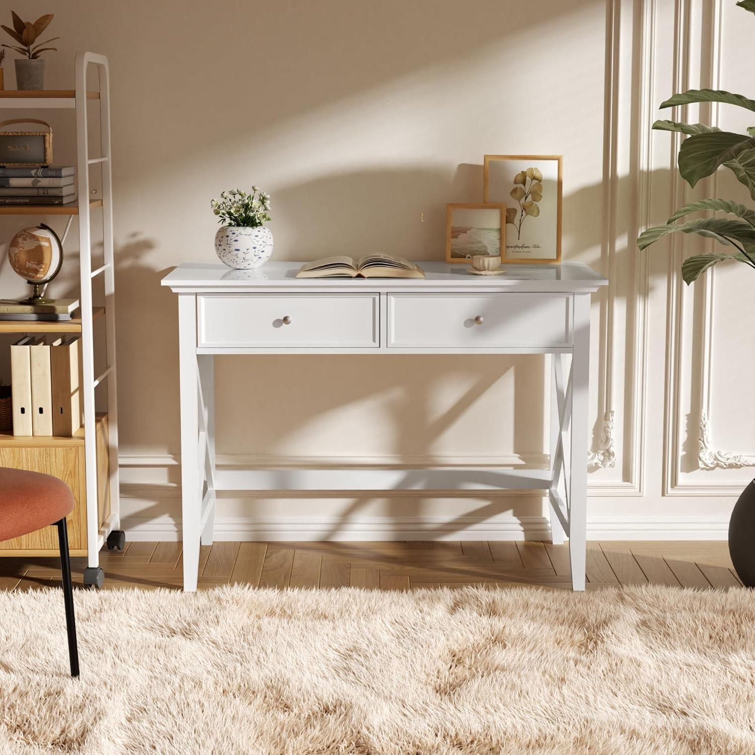 White Computer Desk with 2 Drawers, Modern Makeup Vanity Desk with Storage, Writing Desk for Home Office, 42'' Long Study Simple White Desk for Bedroom Console Table Living Room