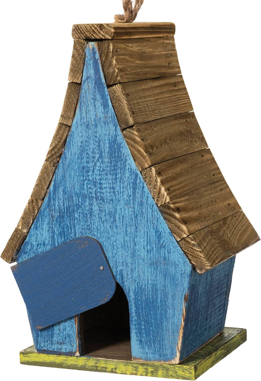 Distressed Blue Wooden Birdhouse with 3D Tree and Slatted Roof