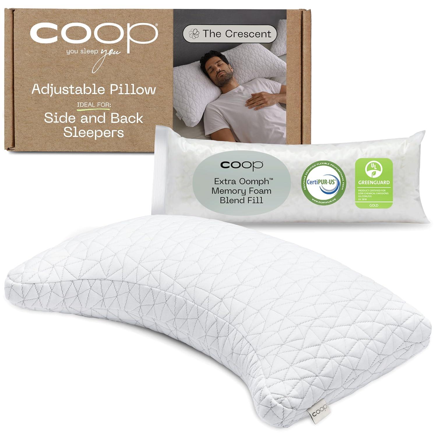Coop Home Goods The Original Crescent Adjustable Pillow, Queen Bed Pillows for Shoulder, Neck & Head Support - Medium Firm for Back & Side Sleeper
