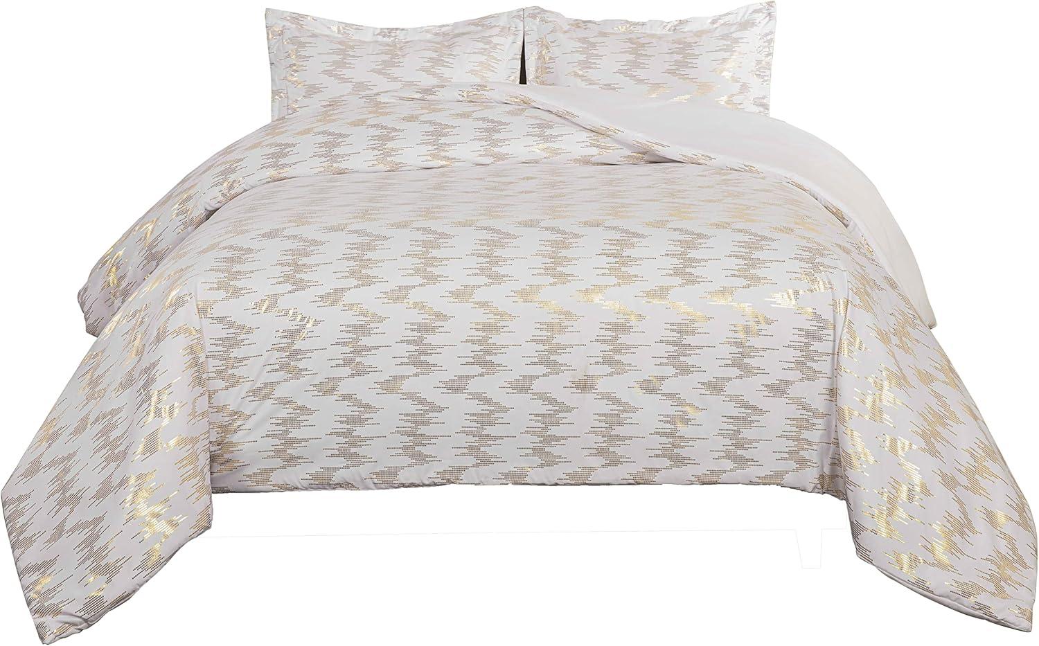 Chezmoi Collection Samantha 3-Piece White Printed Sound Wave Vector Gold Metallic Comforter Set, Queen Size