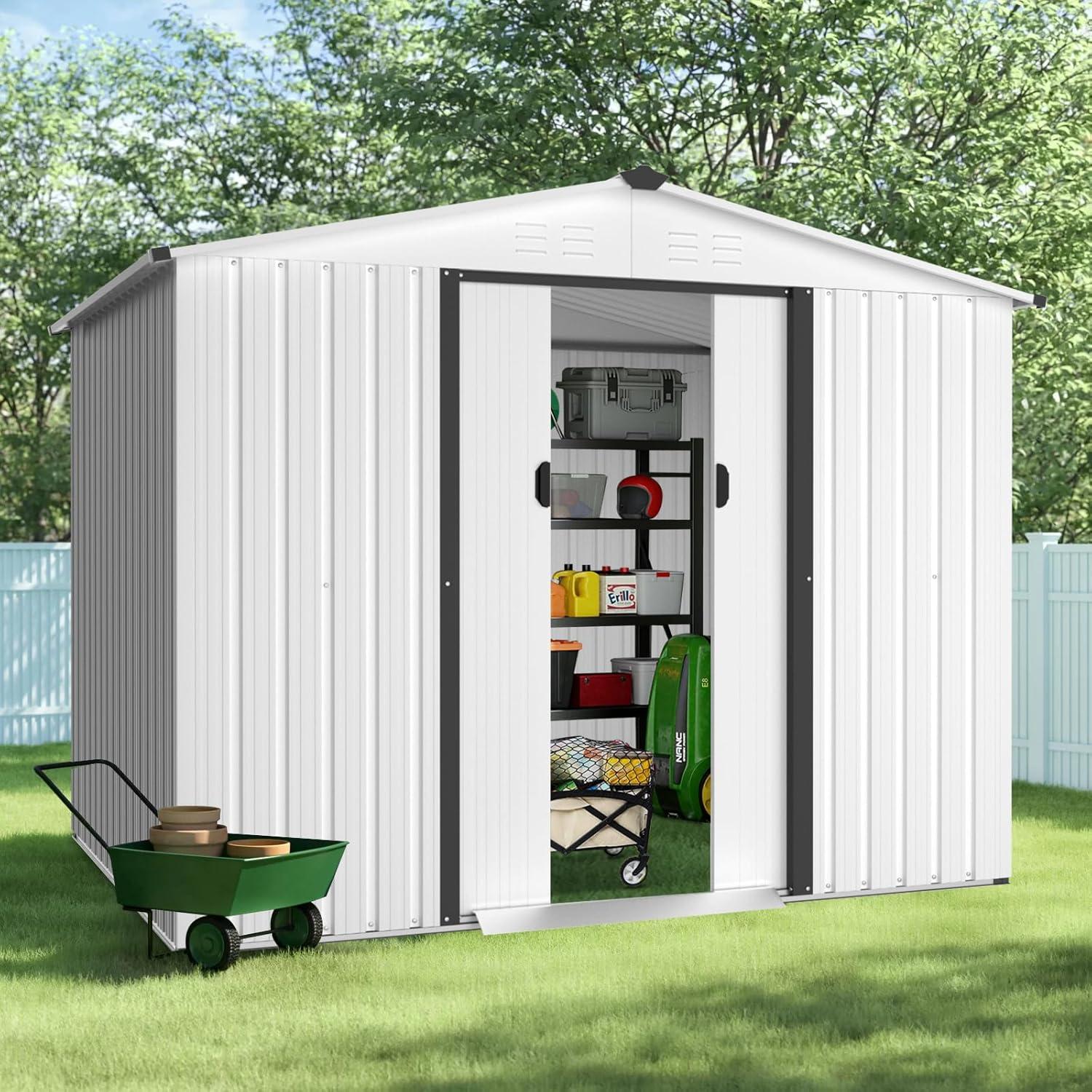 White 6' x 8' Outdoor Metal Storage Shed with Sliding Door