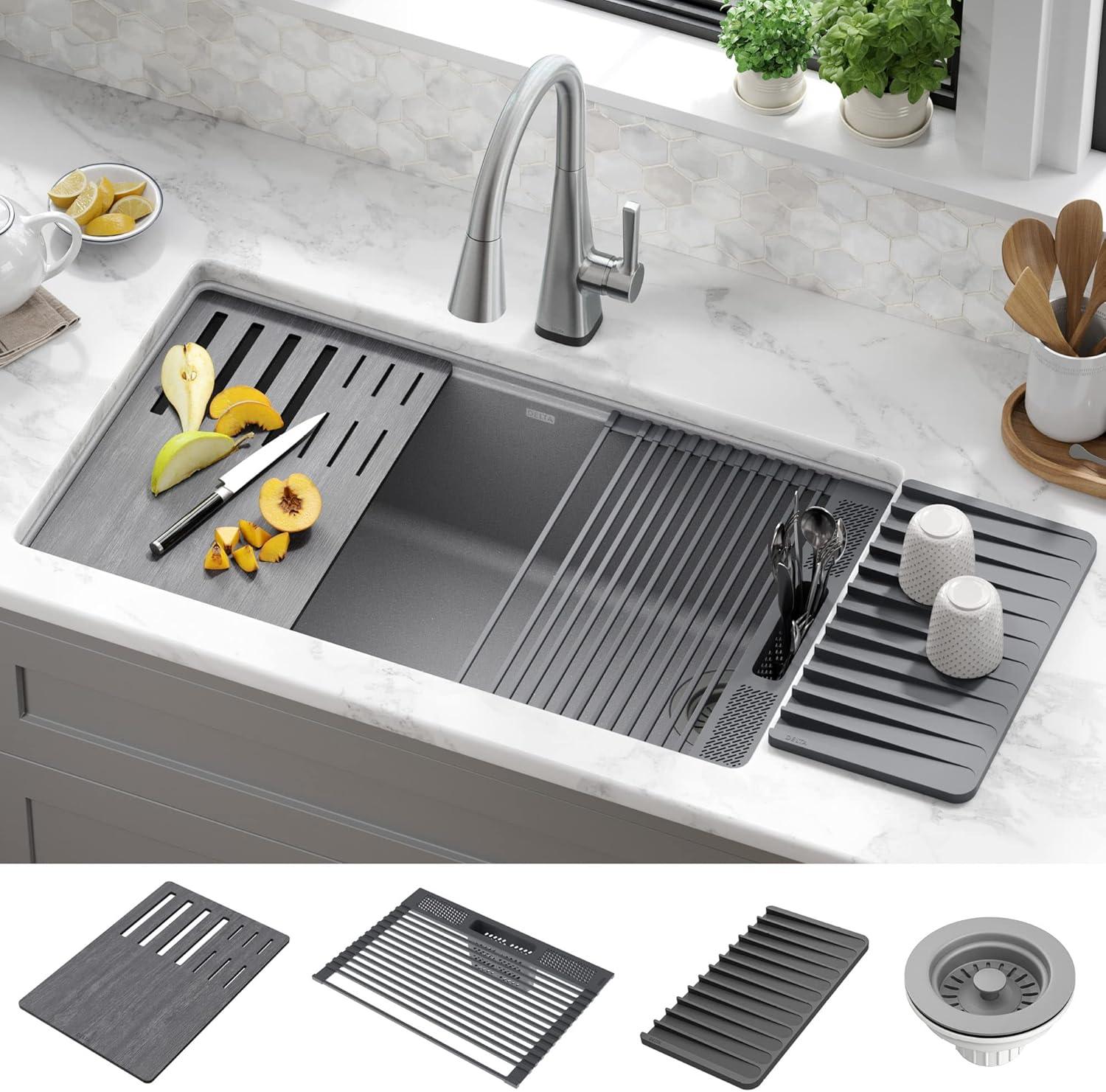 Delta Everest™ 32" L Granite Composite Workstation Kitchen Sink Undermount Single Bowl with WorkFlow™ Ledge