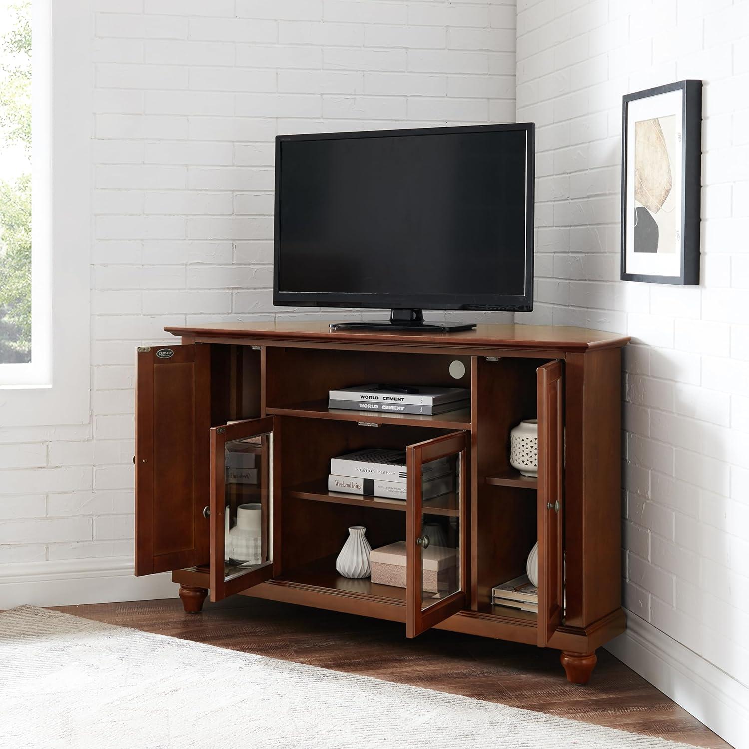 Cambridge Corner TV Stand for TVs up to 48" Mahogany - Crosley: Brass Hardware, Media Storage, Glass Doors