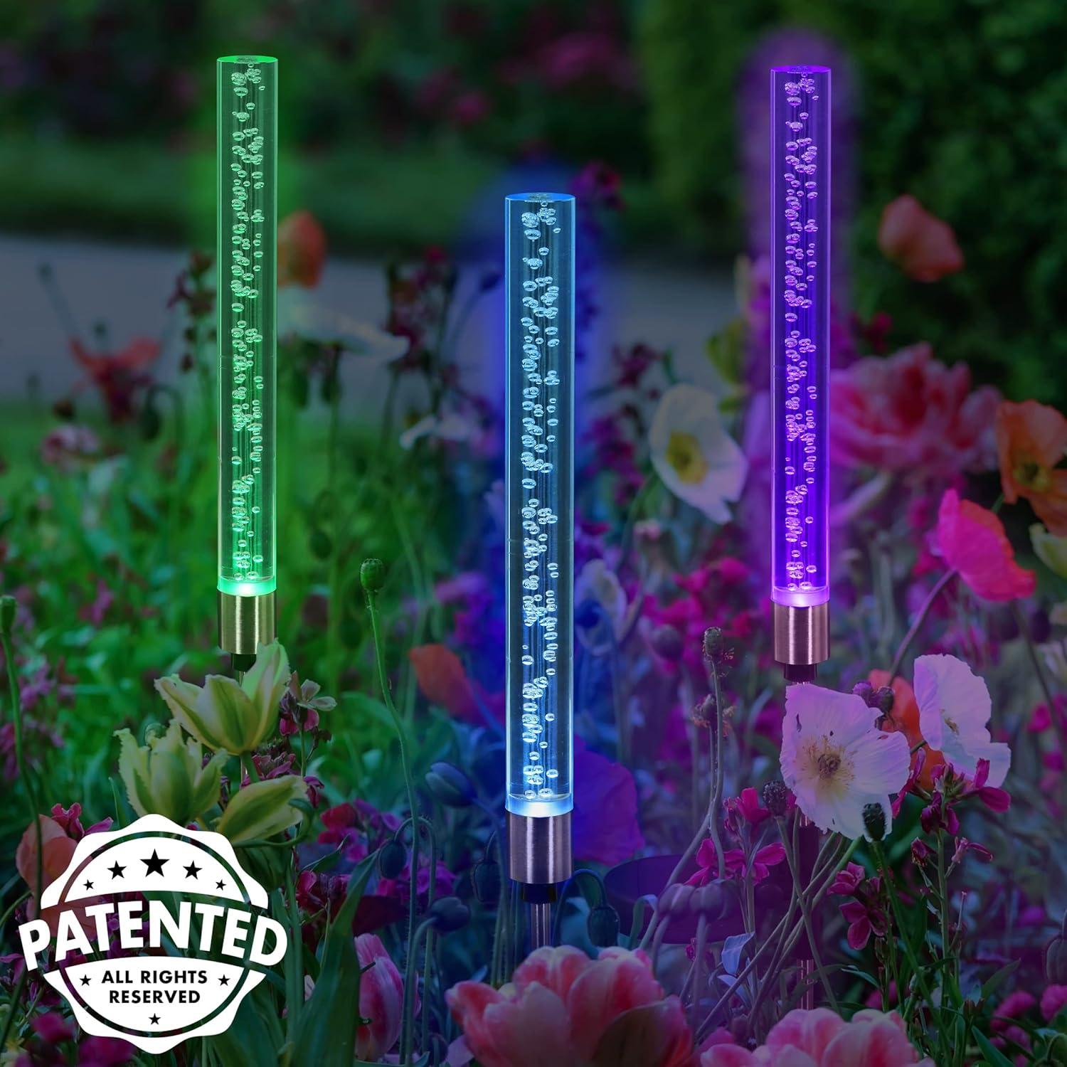 Exhart Two Color Changing Bubble Cylinder  Solar Powered Garden Stakes, 2.5x34 inches, Plastic (Outdoor Pathway Landscape Night Lights, For Home Garden, Patio, Yard, Home Decoration), Clear