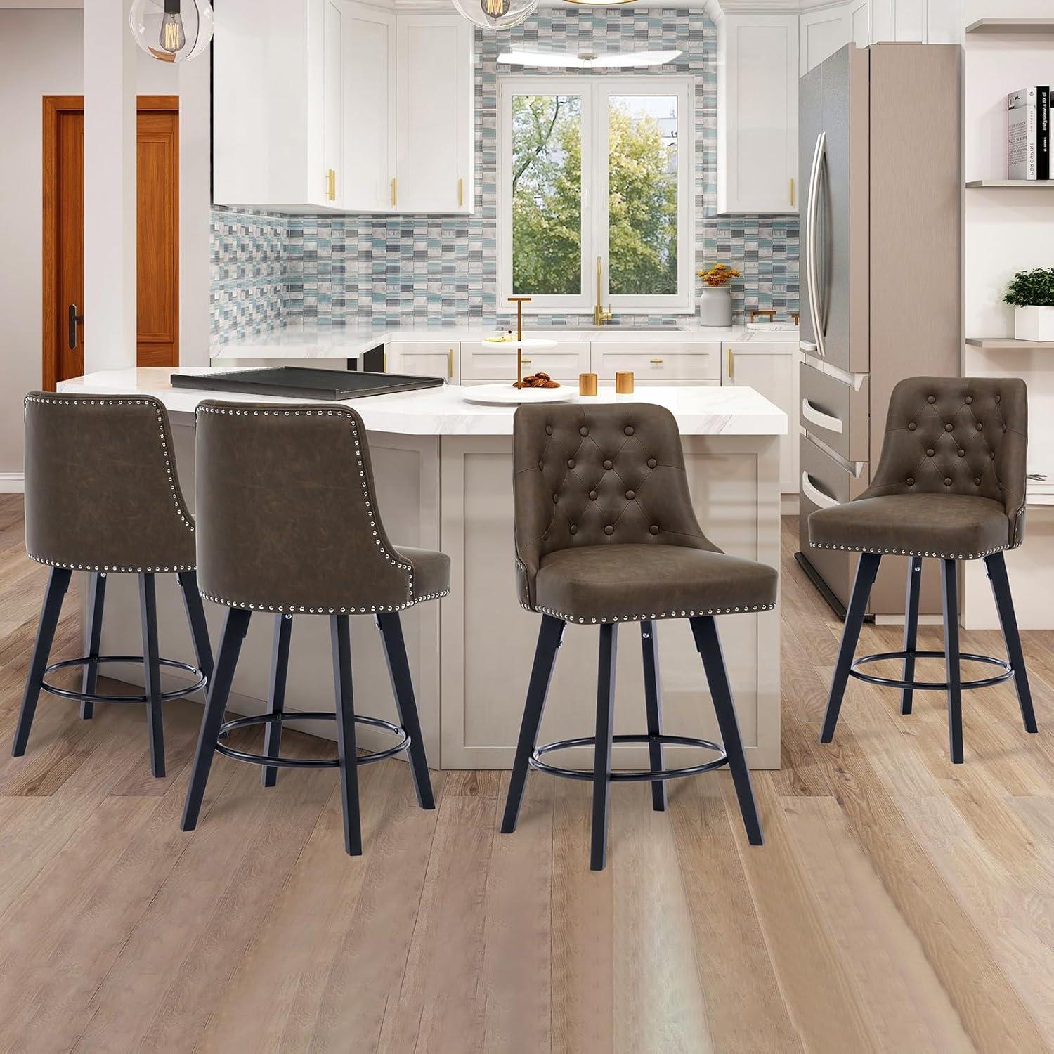 Counter Bar Stools Set of 2, Modern Swivel Bar Stools with Back and Wood Legs, 26" H Upholstered Bar Chair for Kitchen Island Home Bar, Leather Brown