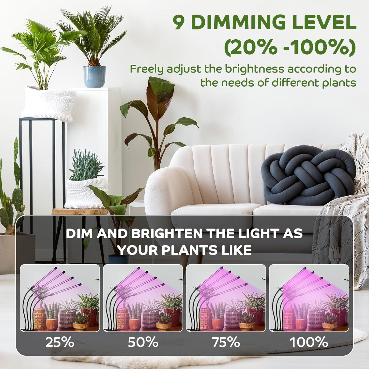 Shyineyou Grow Lights for Indoor Plants Full Spectrum, 80 LEDs Plant Light for Indoor Plants with 3/9/12H Timer, 4 Heads Clip On Plant Grow Light with 3 Modes, 20%-100%