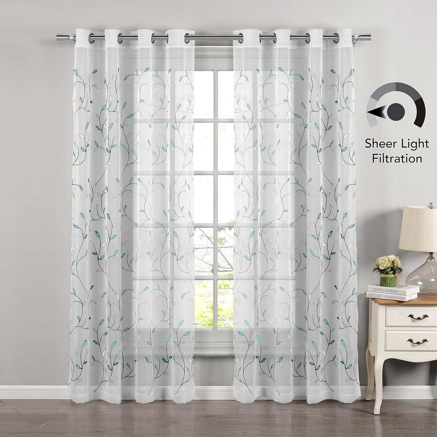 Grommet Curtain Panel, Embroidered Sheer Extra-Wide, Blue 54" x 84"