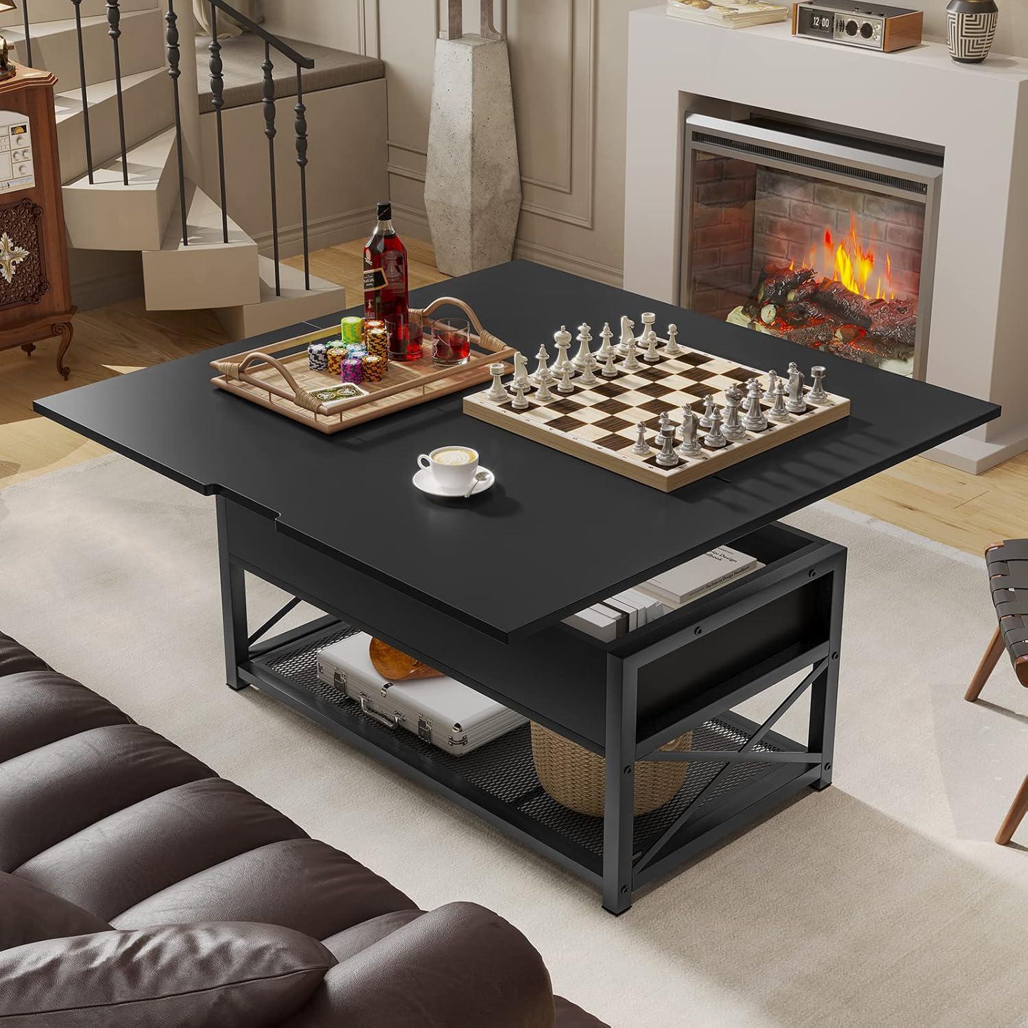 Lift Top Coffee Table, 4 in 1 Coffee Table with Storage for Living Room, Small Coffee Table with Hidden Compartment and Open Shelves for Dining Room, Black