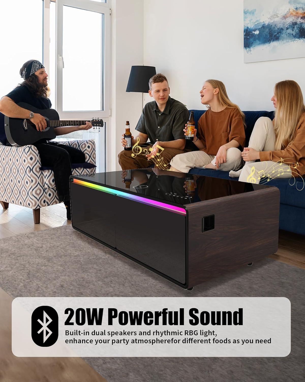 Livtab Smart Coffee Table with Built in Fridge, Bluetooth Speakers, Wireless Charging, Outlets, RGB Light, Brown