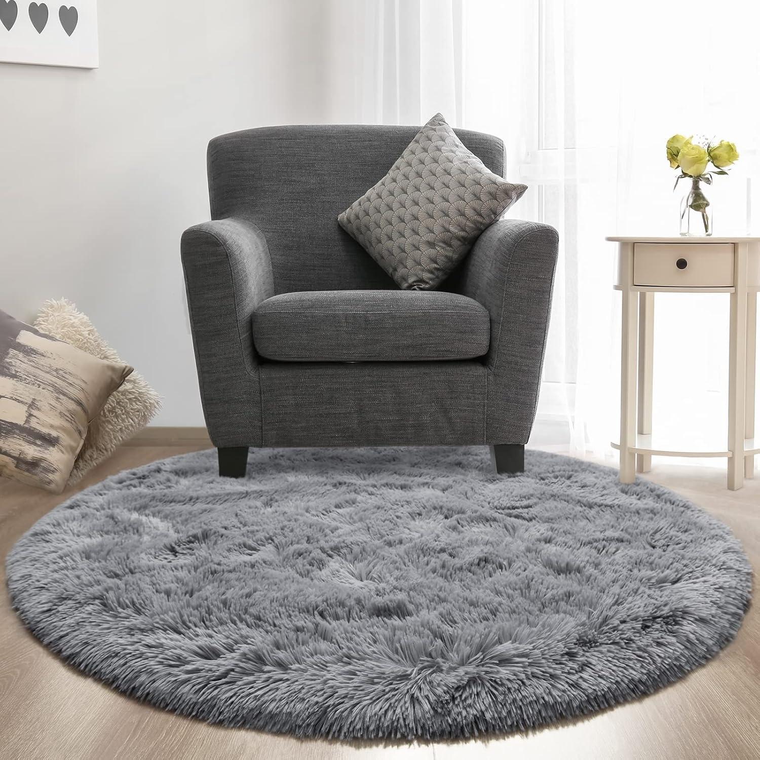 Arogan Luxury Round Fluffy Area Rugs for Bedroom Kids Girls Room Nursery, Super Soft Circle Rug, Cute Shaggy Carpet for Children Living Room, 5ft Gray