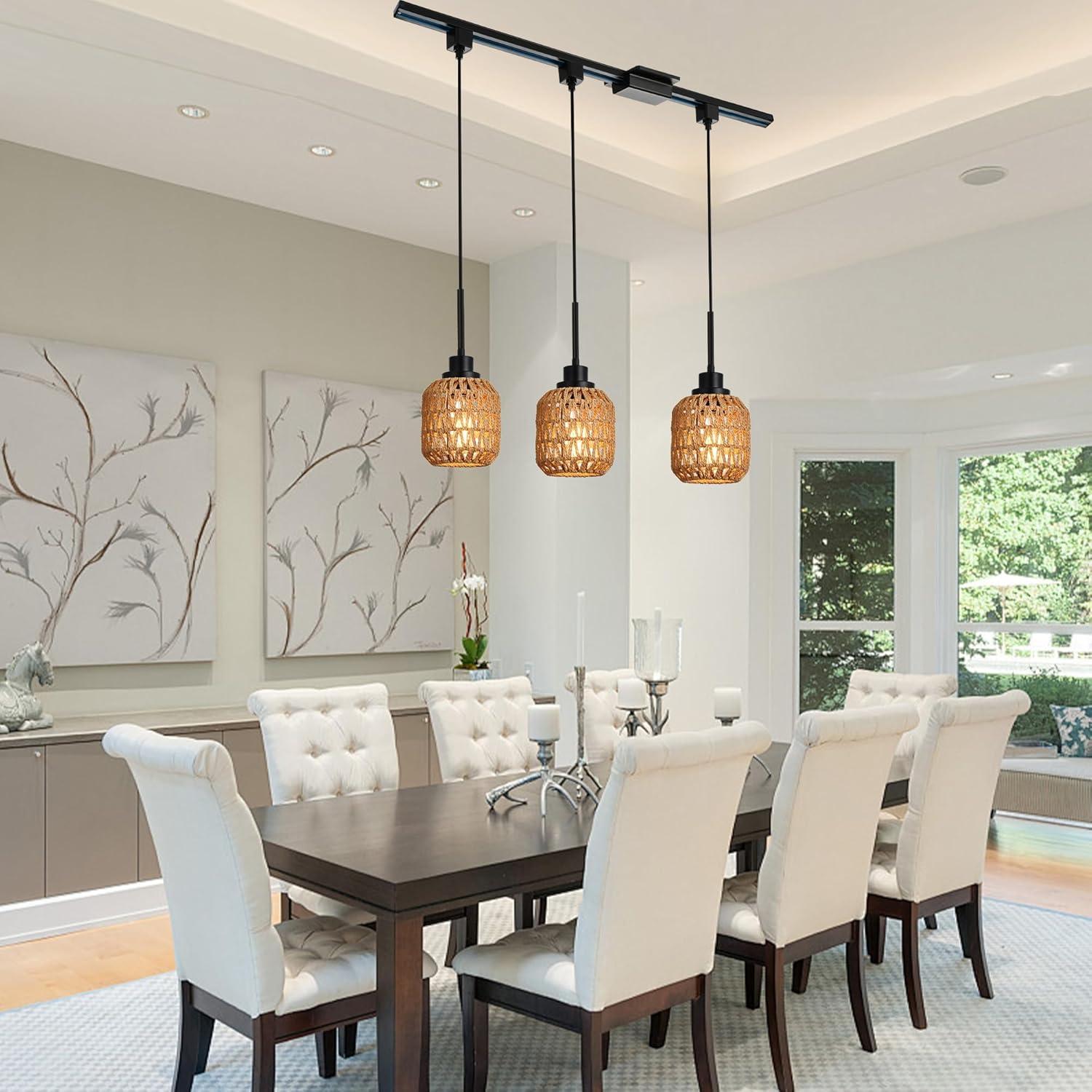 3-Pack H Type Track Lighting Pendants, Ceiling Track Hanging Light Fixture with Hand-Woven Rattan Shade, H-Type Tracking Boho Pendant Lighting Fixtures for Kitchen Island Dining Room, E26 Base