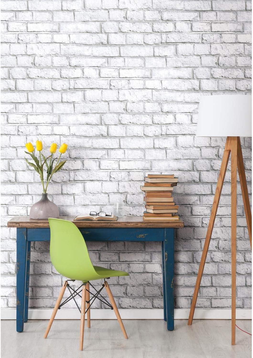 RoomMates White Brick White Peel and Stick Wallpaper: Vinyl Self-Adhesive, Industrial Style, Classic Brick Pattern