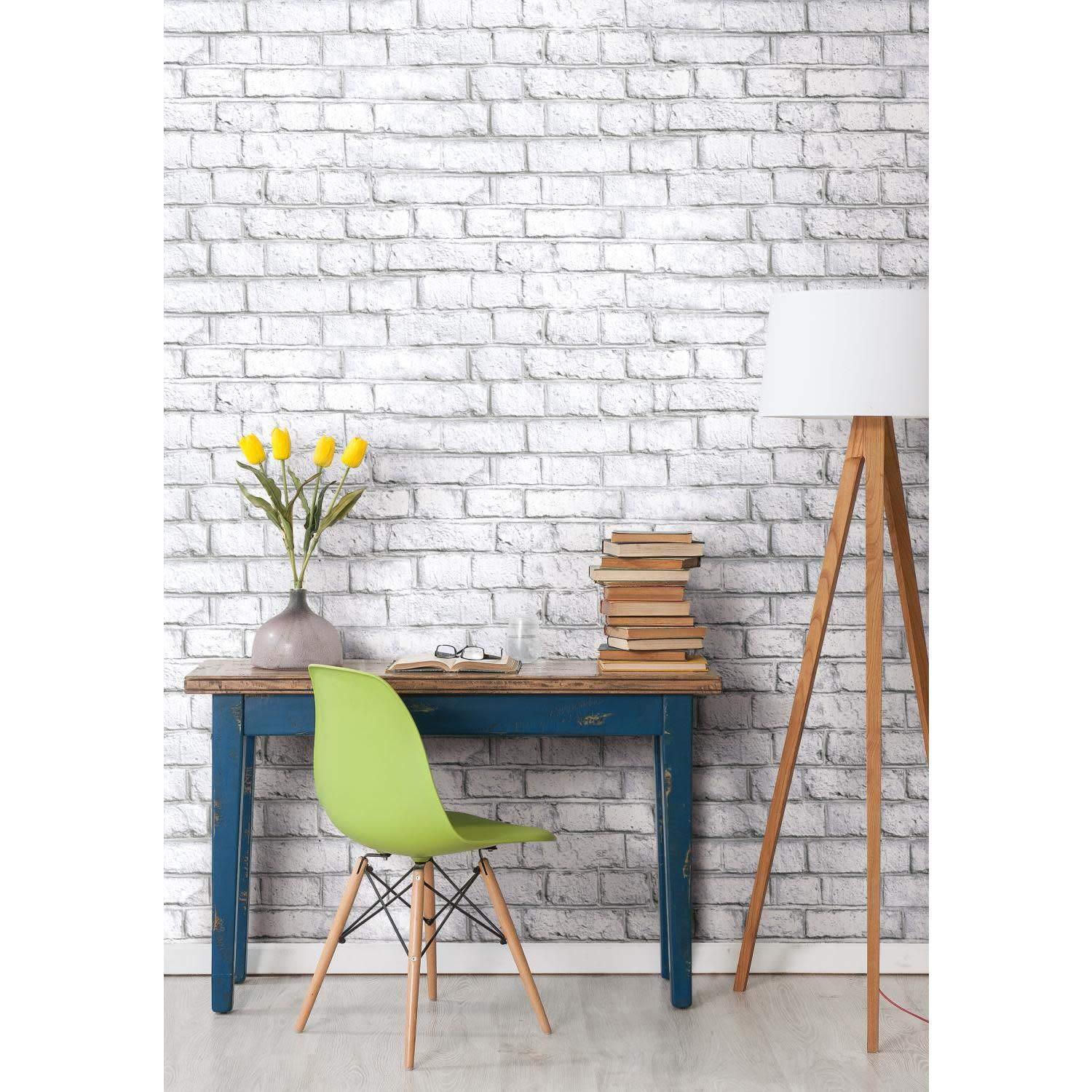 RoomMates White Brick White Peel and Stick Wallpaper: Vinyl Self-Adhesive, Industrial Style, Classic Brick Pattern