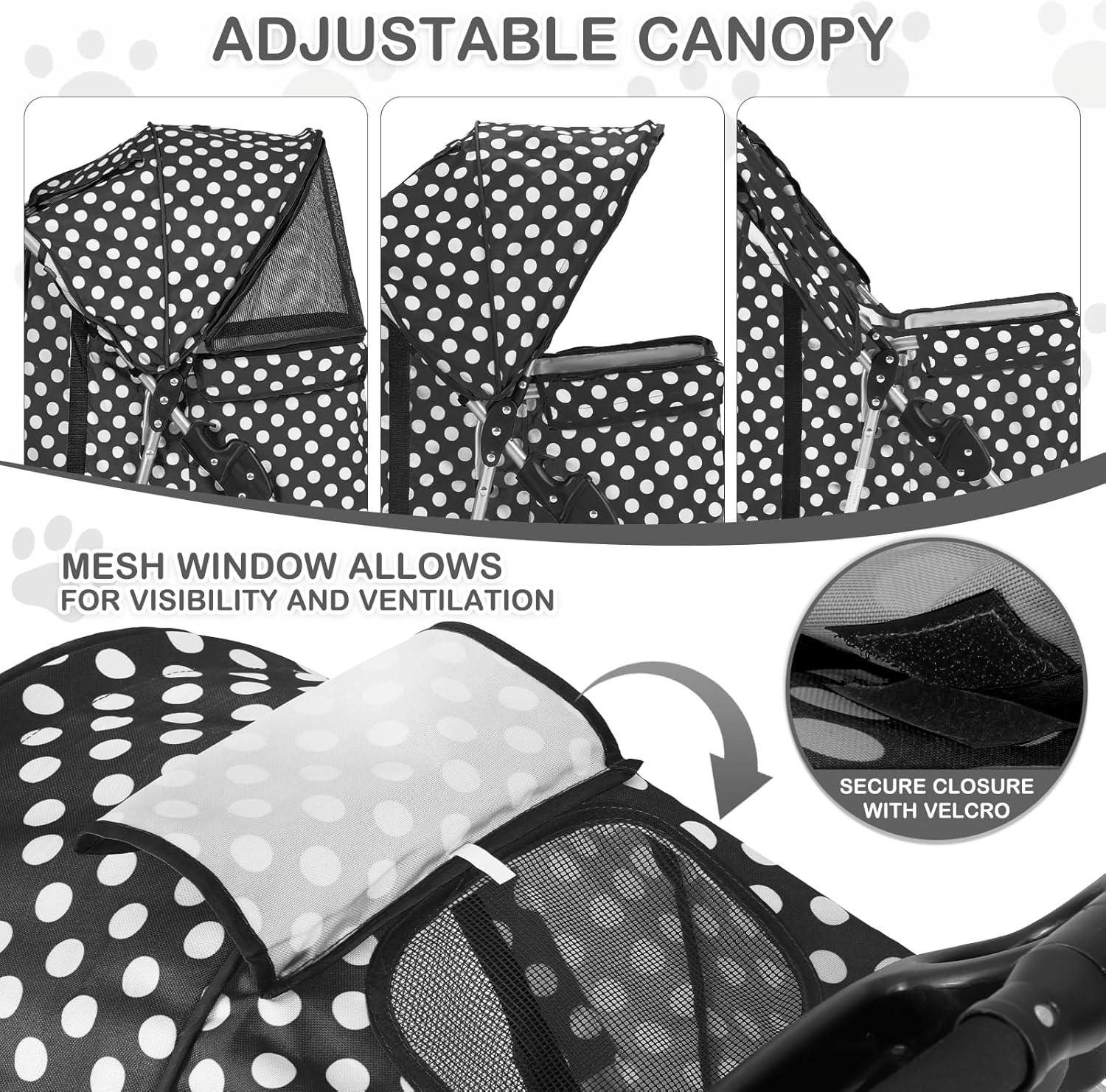 MoNiBloom 3 Wheel Folding Pet Dog Stroller, Foldable Lightweight Trolley with Storage Basket, Cup Holder and 360° Rotating Front Wheel for Small Medium Dogs, Black with White Polka Dots