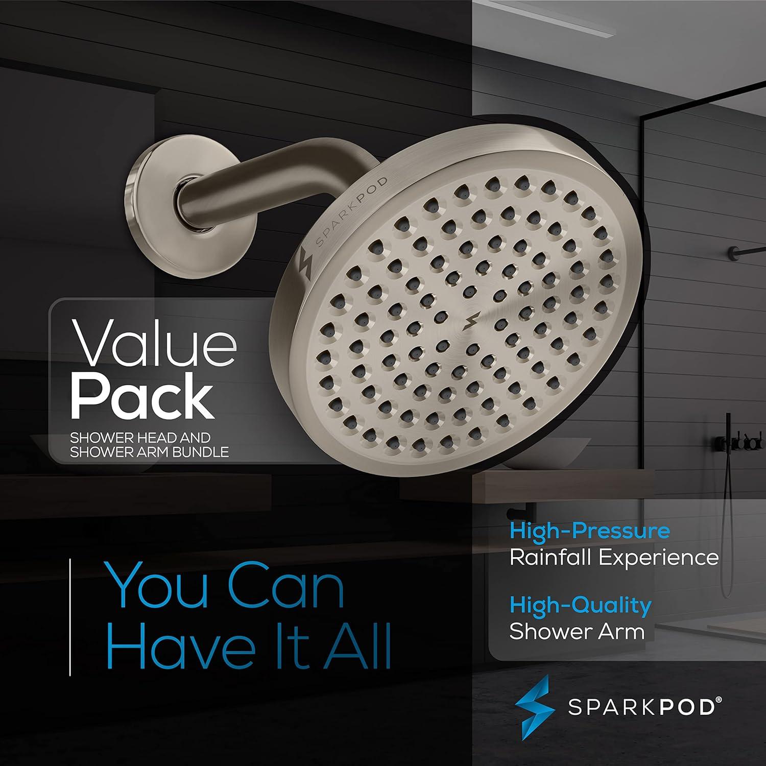 SparkPod 6" Rain Shower Head with 6" Shower Arm - High Pressure Rain - Luxury Modern Look - No Hassle Tool-less 1-Min Installation - Water Saving Shower Head - Luxury Spa Experience (Egyptian Gold)