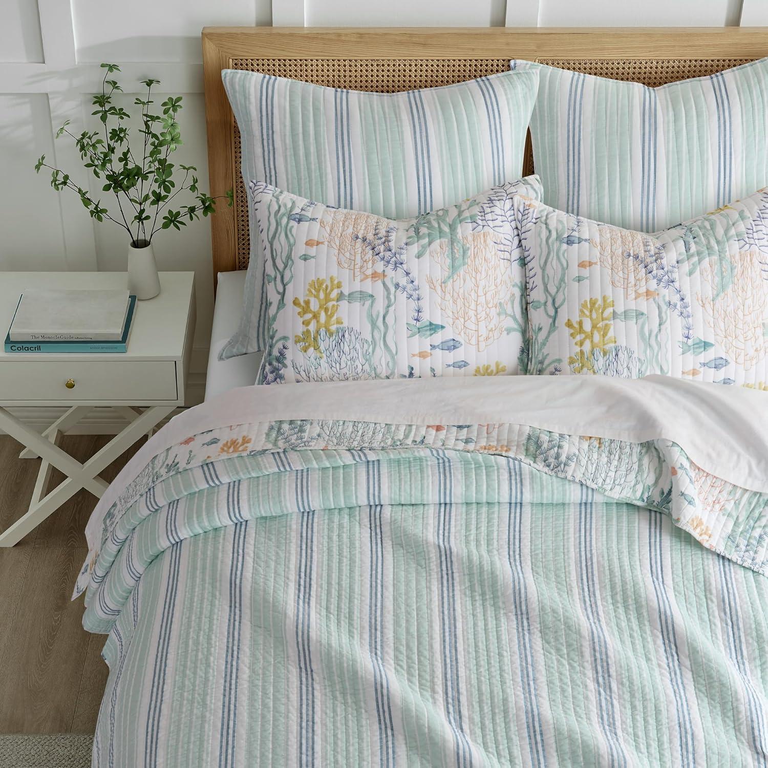 Ocean Meadow Blue Cotton King Reversible Quilt Set