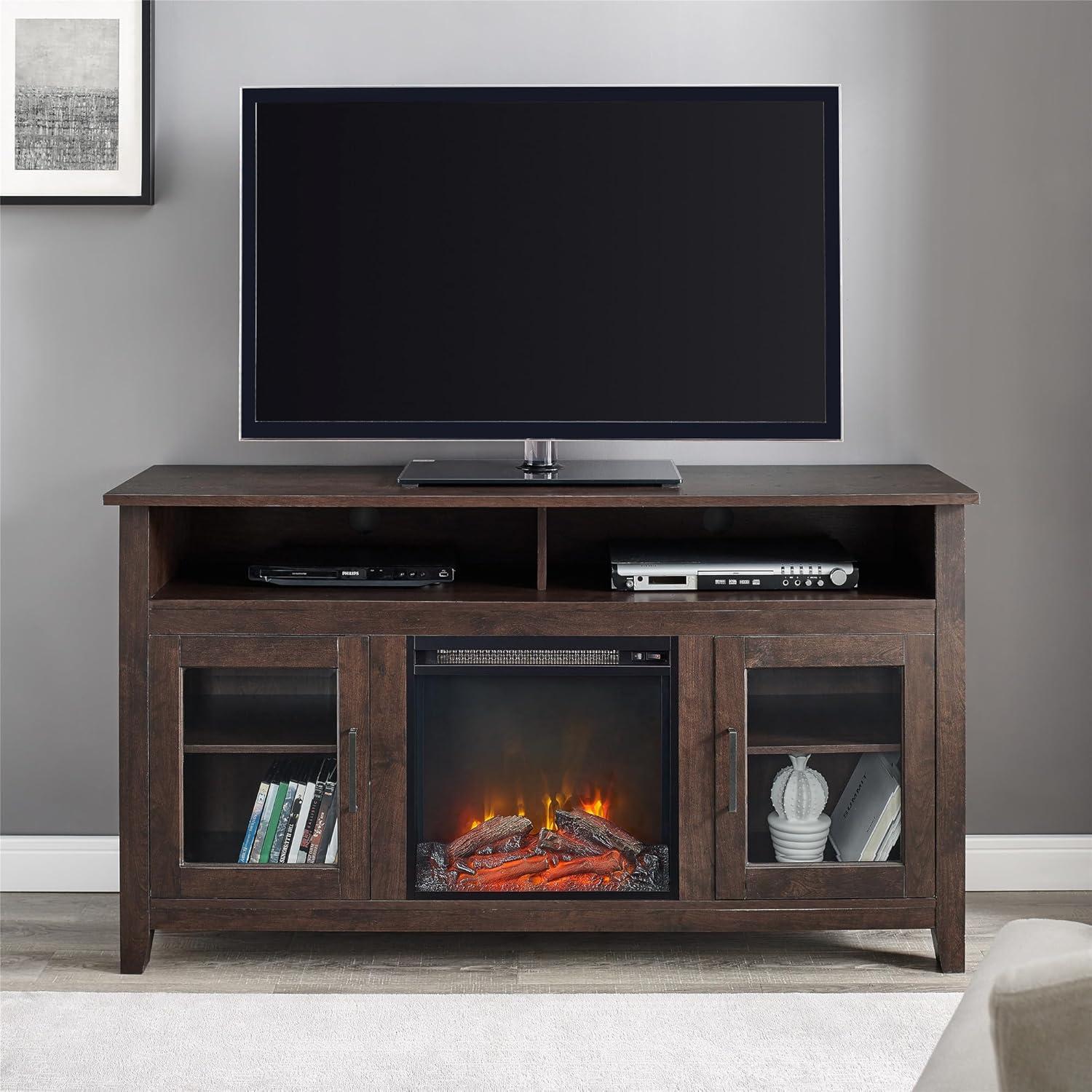Walker Edison Glenwood Rustic Farmhouse Glass Door Highboy Fireplace TV Stand for TVs up to 65 Inches, 58 Inch, Brown