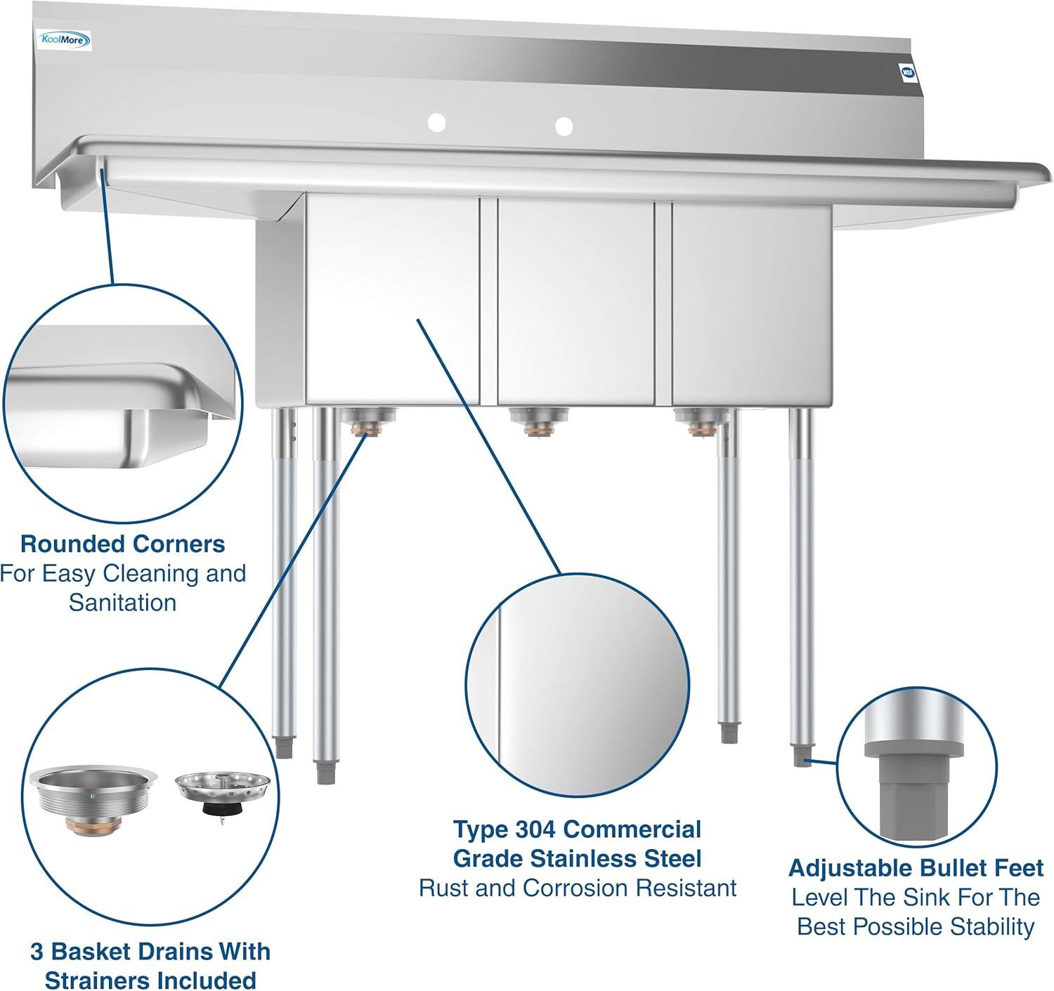 Stainless Steel 3-Compartment Commercial Sink with Dual Drainboards