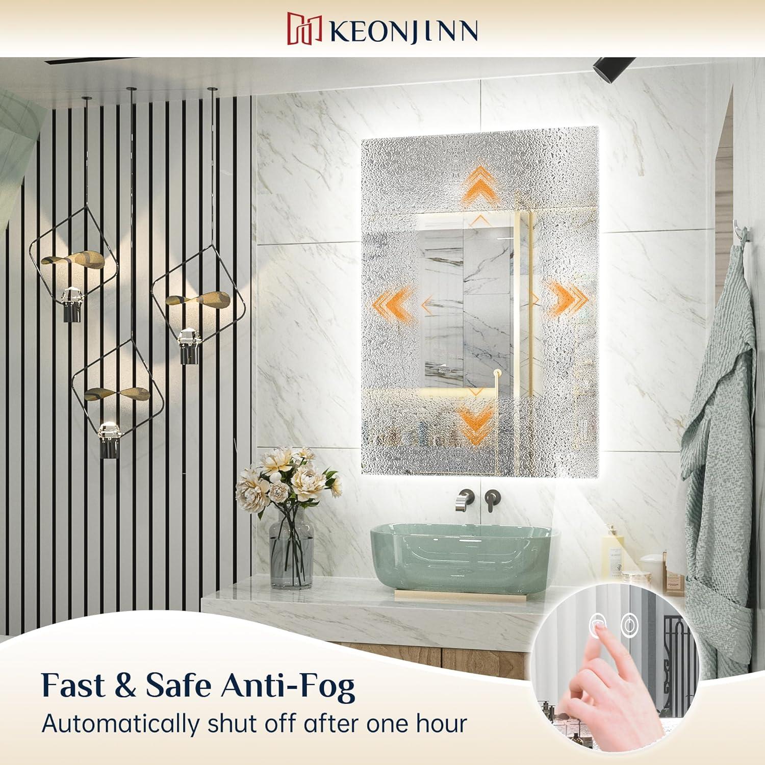 Keonjinn 40"x28" LED Backlit Mirror with Anti-Fog Dimmable Modern Rectangular Makeup Wall Mirror with Light, CRI90 Waterproof for Bathroom(Horizontal/Vertical)