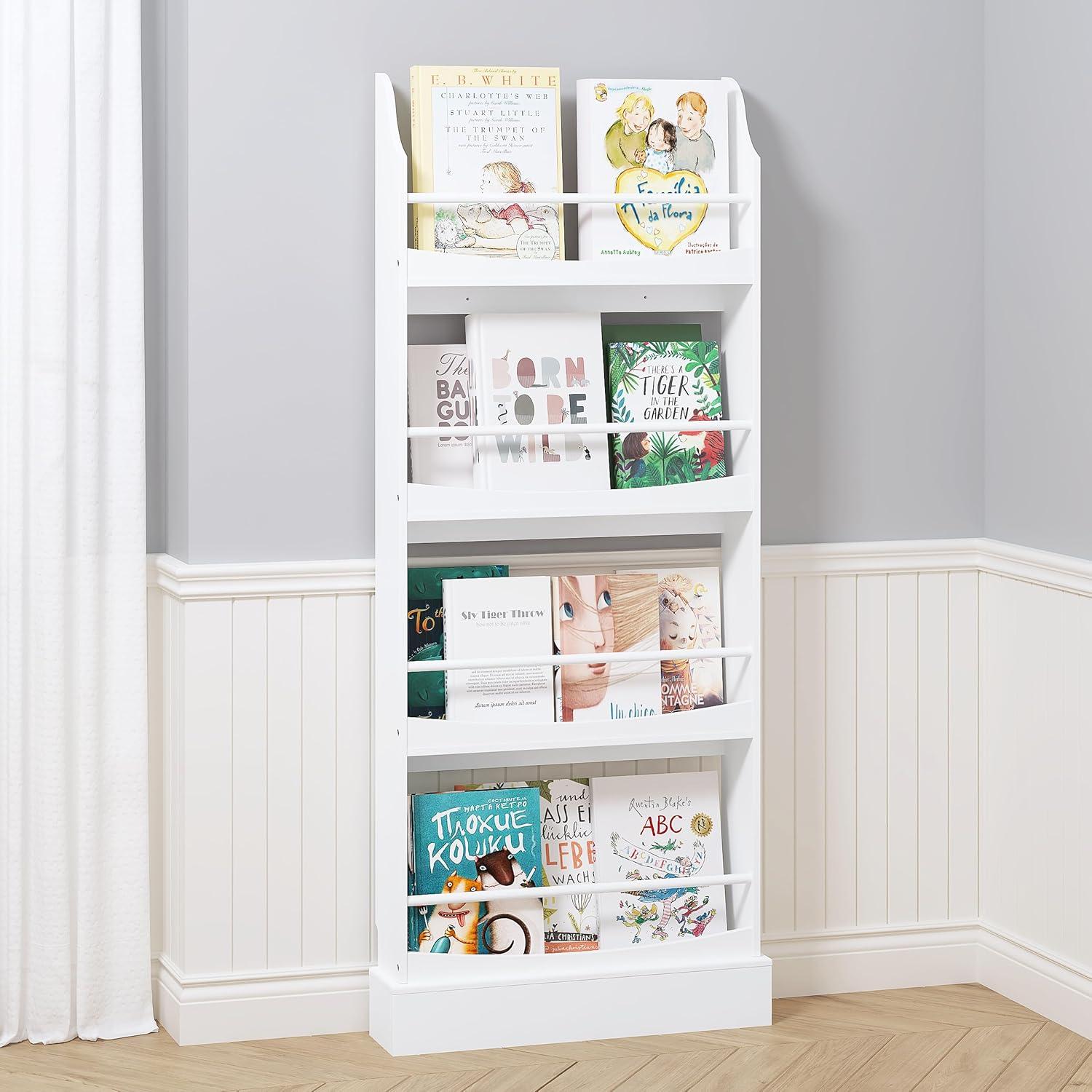 UTEX Kids Bookshelf Wall Mounted, Bookshelf Organizer and Storage Free Standing Against The Wall,Kid’s Book Rack Storage, 4-Shelf Tall Bookcase Organizer 23.5”W X 5.9”D X57.48”H (White)